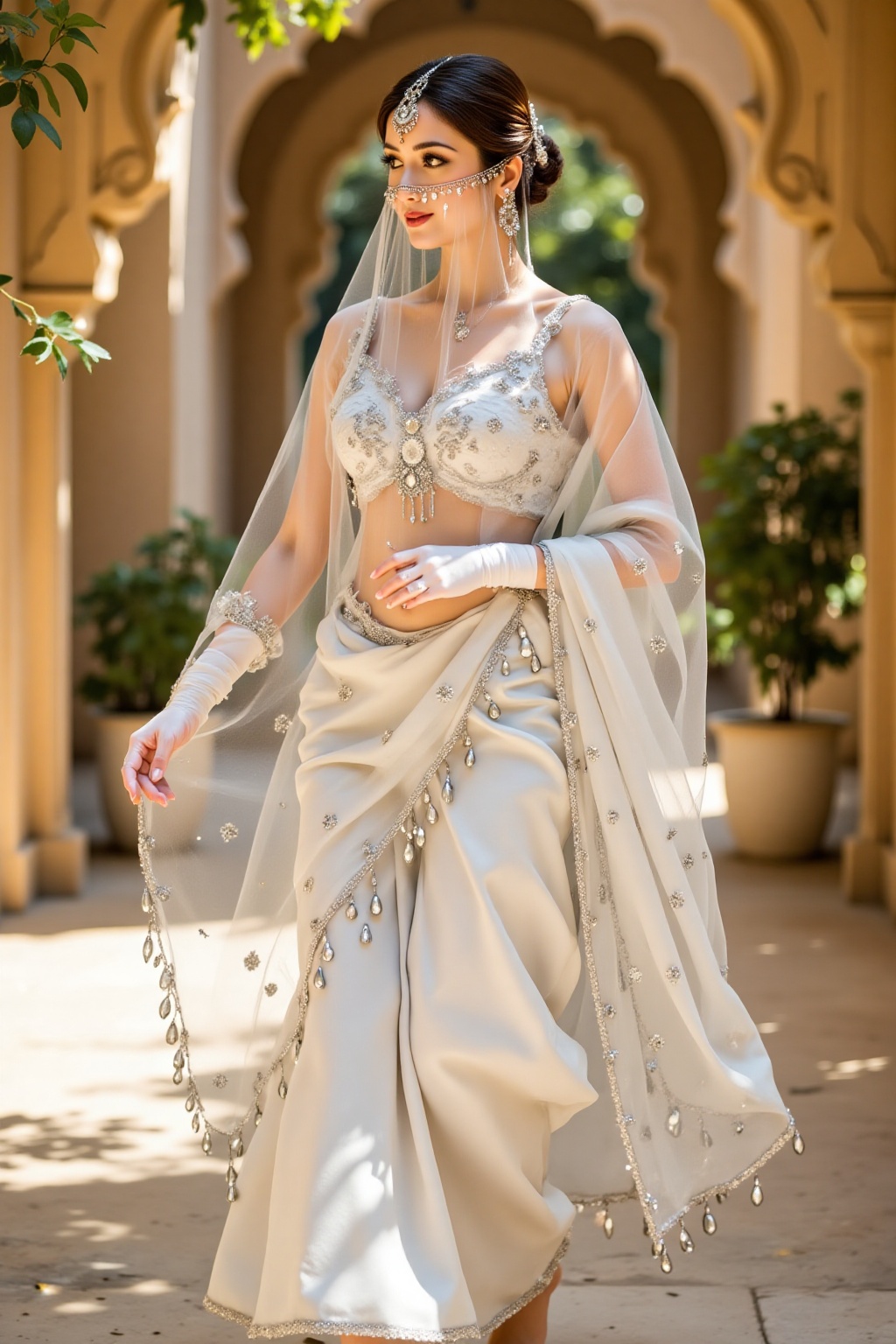 Top quality. Inspiration: Veil,  Sari. Image: Close-up: A princess with long brown hair styled in a bun and bright yellow...