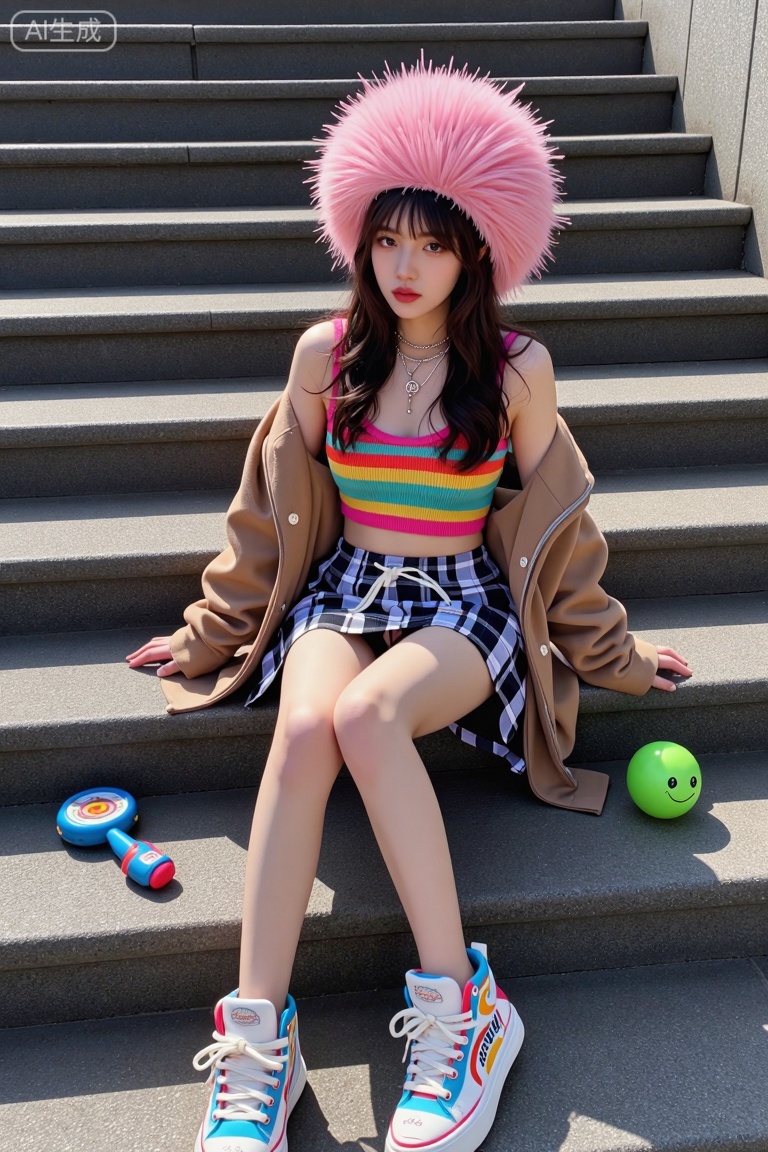 主题: 一位戴着独特帽子的女性坐在台阶上,周围散落着玩具。
主体: 一位女性坐在户外的台阶上,她戴着一顶粉色尖刺帽,穿着彩色吊带上衣和棕色外套。她的脚上穿着白色高帮鞋,鞋上有彩虹图案和文字。她身旁散落着一些玩具,如蓝色摇铃和绿色笑脸球。
风格: 插画风格,色彩鲜艳,细节丰富,具有现代时尚感。
构图: 采用三分线构图,主体位于画面中央偏右,背景为简单的台阶和建筑物,突出主体。
光影: 光线明亮,阴影柔和,整体色调温暖,营造出轻松愉快的氛围。
