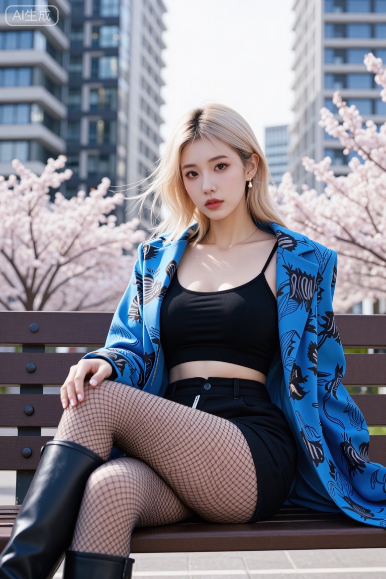 主题: 一位穿着时尚的女性坐在户外长椅上,背景是城市建筑和盛开的樱花。
主体: 一位金发女性坐在长椅上,她穿着黑色吊带内衣、蓝色印花外套和黑色短裙,搭配网状丝袜和黑色靴子。她的姿态优雅,手轻放在腿上,目光直视镜头。
风格: 摄影类别,画面色彩鲜艳,构图精致,具有现代时尚感。光线柔和,细节清晰,整体呈现出一种都市与自然结合的美感。
构图: 采用三分线构图,主体位于画面中央偏左位置,背景中的樱花和建筑形成对称美感,增强了画面的层次感。
光影: 光线柔和,主要光源来自右侧,照亮了女性的面部和身体,阴影部分自然过渡,突出了服装的质感和细节。

