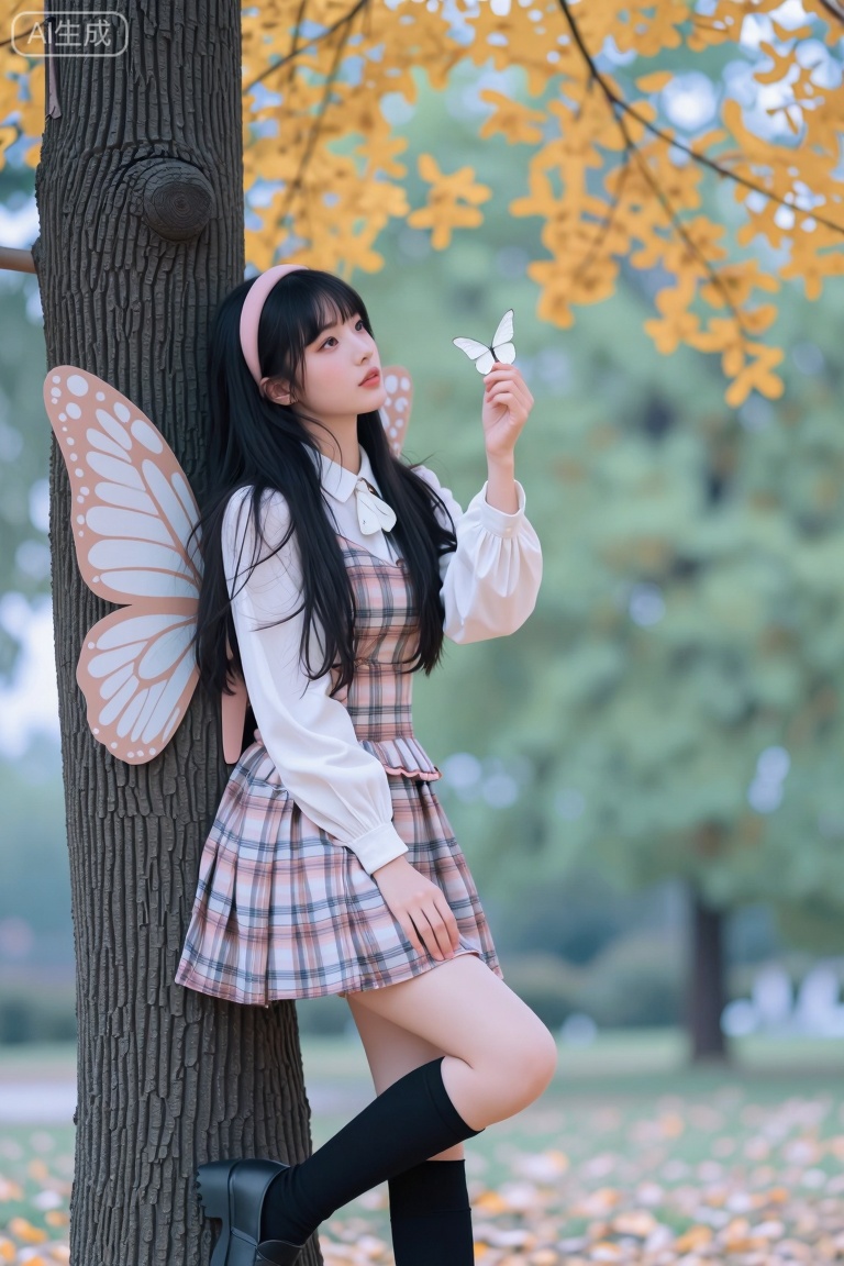 主题: 一位身着蝴蝶装饰的女子在秋日树下与蝴蝶互动的场景。
主体: 一位女子靠在树干上,她穿着带有格子图案的连衣裙和黑色长靴,头上戴着粉色发箍,背后有蝴蝶翅膀装饰。她的手中轻托一只白色蝴蝶,目光注视前方。
风格: 插画风格,色彩柔和且富有层次感,细节精致,人物形象生动,整体呈现出一种梦幻而唯美的艺术效果。
构图: 采用三分线构图,人物位于画面左侧,背景虚化处理,突出主体。视角为平视拍摄,营造出亲近自然的感觉。
光影: 光线柔和,主要来自右侧,形成自然的阴影效果,增强了画面的立体感和氛围感。
