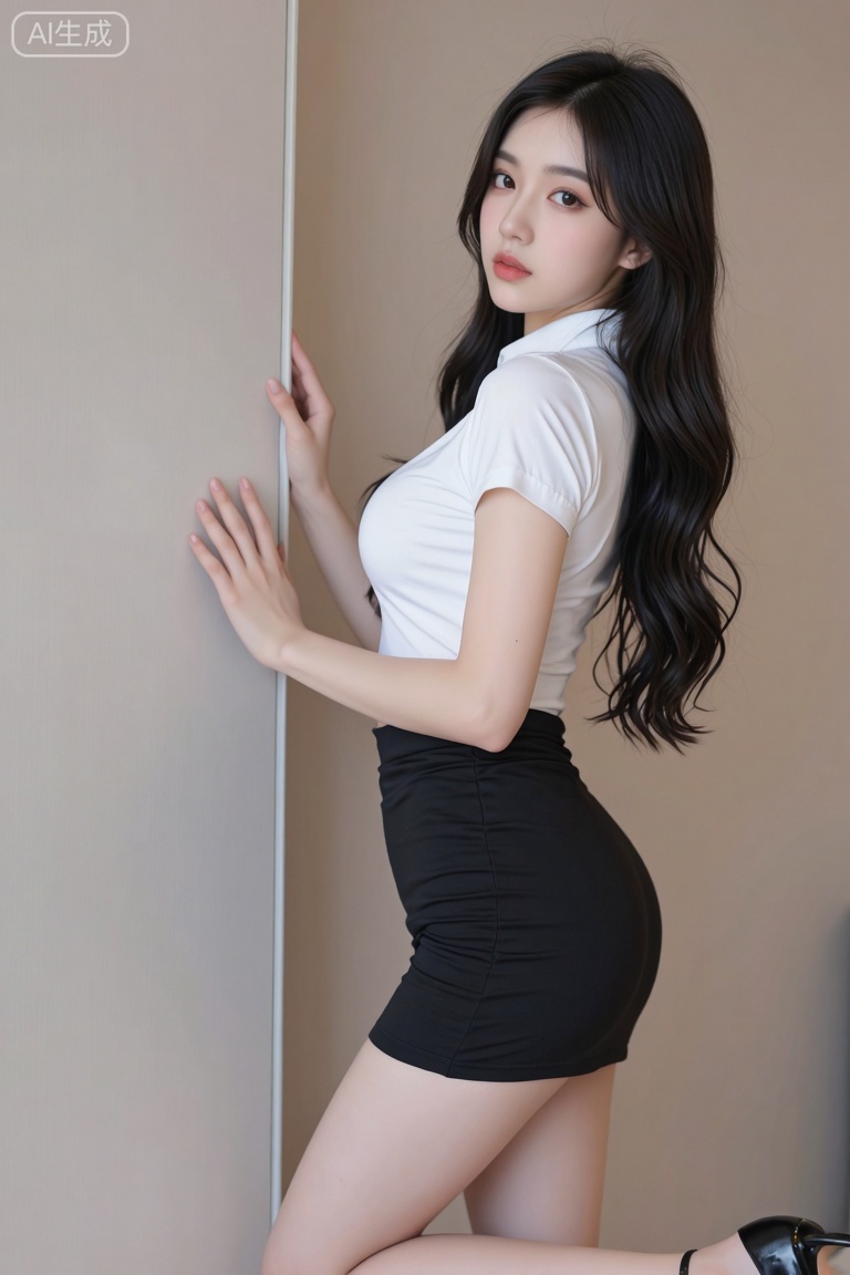 主题: 一位穿着白色衬衫和黑色短裙的女性,姿态优雅。
主体: 女性长发披肩,身穿白色短袖衬衫和黑色紧身短裙,单膝跪地,一只手轻触墙面,另一只手自然垂放。
风格: 摄影风格,画面清晰,色彩柔和,突出人物的曲线美。
构图: 采用三分线构图,人物位于画面右侧,背景简洁,突出主体。
光影: 光线均匀柔和,阴影不明显,整体明亮,细节清晰。
