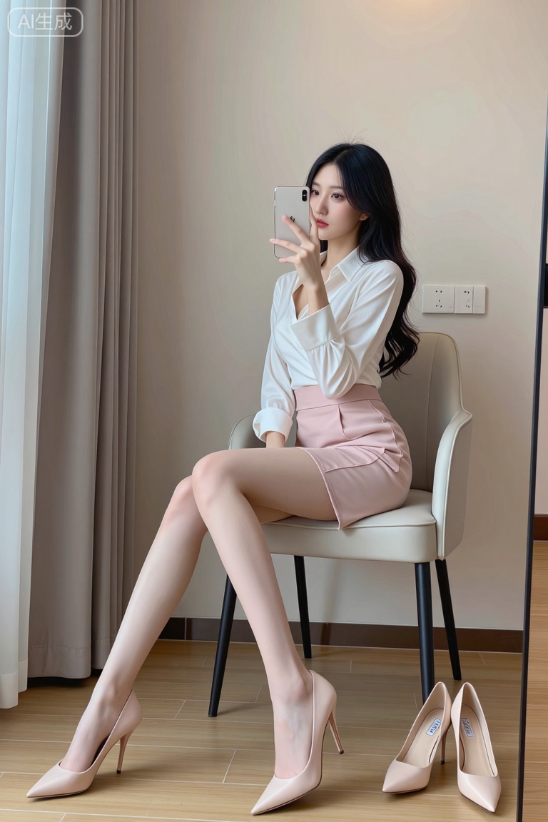 主题: 一位女性在室内自拍,展示时尚穿搭。
主体: 一位长发女性坐在椅子上,手持手机自拍。她穿着白色衬衫和粉色短裙,脚边放着一双高跟鞋。
风格: 摄影风格,画面清晰,色彩柔和,构图注重人物与环境的和谐。
构图: 采用三分线构图,人物位于画面中央偏右,背景简洁,突出主体。
光影: 光线均匀柔和,阴影不明显,整体明亮且自然。

