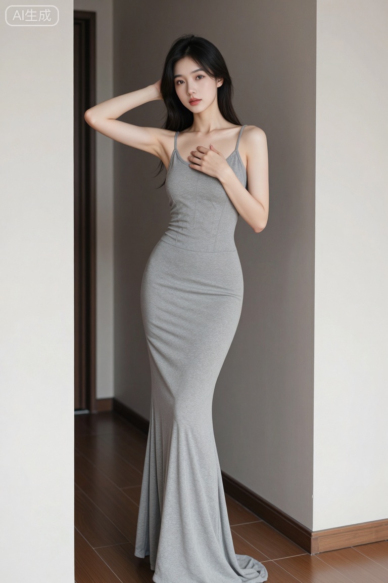 主题: 一位穿着灰色长裙的女性在室内优雅地摆姿势。
主体: 女性身穿一件贴身的灰色无袖长裙,左手轻抚头发,右手放在胸前,姿态优雅。她站在木质地板上,背景是浅色的墙面和灰色的装饰。
风格: 摄影风格,光线柔和,色彩自然,构图简洁,突出人物的曲线美。
构图: 采用三分线构图,人物位于画面中央偏右,背景简洁,突出主体。
光影: 光线从左侧照射,形成柔和的阴影,增强了服装的质感和人物的立体感。
