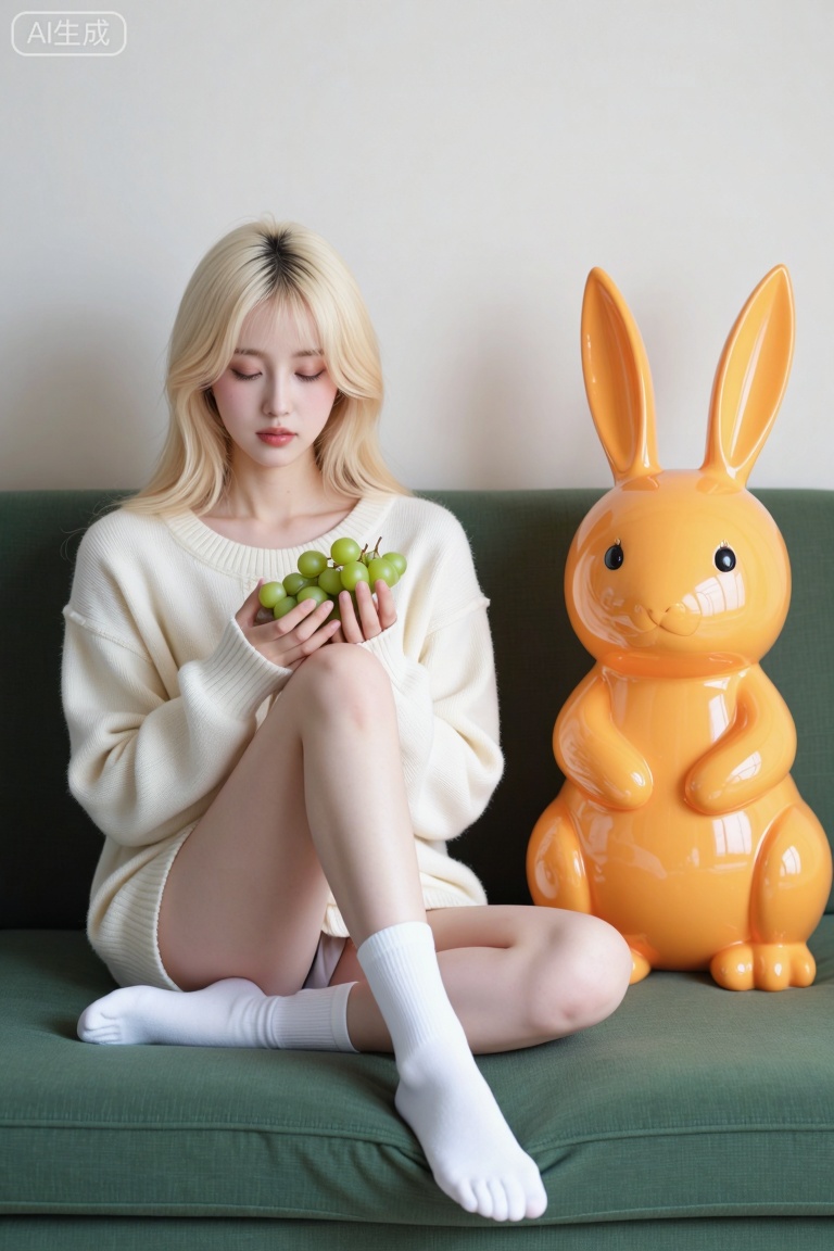 主题: 一位金发女性坐在沙发上,手捧葡萄,旁边有一个橙色兔子雕塑。
主体: 金发女性穿着米白色毛衣和白色袜子,坐在绿色沙发上,手中拿着几颗葡萄。她身旁是一个透明的橙色兔子雕塑,姿态可爱。
风格: 摄影风格,画面清晰,色彩柔和,构图温馨。
构图: 采用平视拍摄,人物位于画面左侧,兔子雕塑在右侧,形成平衡构图。
光影: 光线均匀柔和,阴影不明显,整体明亮且温暖。
