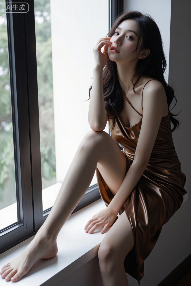 主题: 一位穿着光泽连衣裙的女性坐在窗边,展现出优雅与宁静的氛围。
主体: 一位长发女性,身穿一件光泽感的棕色单肩连衣裙,她赤脚坐在窗台边缘,左手轻托下巴,右手自然地放在窗台上,姿态优雅。
风格: 摄影类别,画面色调柔和,光线自然,整体呈现出一种清新且略带性感的现代时尚风格。
构图: 采用三分线构图,人物位于画面右侧,左侧留有空间,窗框和地面线条引导视线聚焦于人物。
光影: 光线从窗户方向照射进来,形成柔和的明暗对比,突出了皮肤的光滑质感和衣物的光泽效果。
