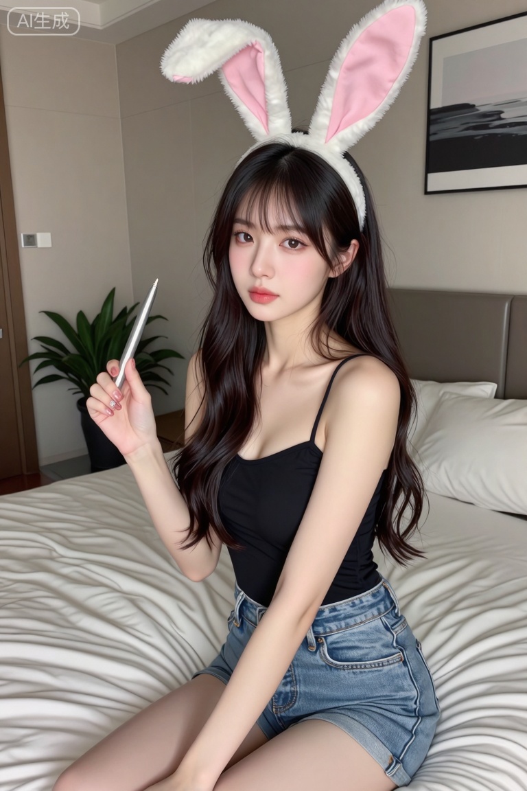 主题: 一位戴着兔耳发箍的年轻女性,坐在柔软的床上,手持笔,展现出一种可爱与时尚结合的氛围。
主体: 核心主体是一位年轻女性,她戴着粉色和白色的兔耳发箍,穿着黑色吊带上衣和蓝色牛仔短裤。她的左手持一支银色笔,右手轻放在大腿上,姿态自然。背景中可见毛绒靠垫、装饰画和绿植,营造出温馨舒适的环境。
风格: 插画风格,线条流畅,色彩柔和且富有层次感。人物细节精致,尤其是头发的渐变色和衣物的纹理处理细腻,整体呈现出一种现代卡通与写实结合的艺术效果。
构图: 采用三分线构图,人物位于画面中央偏右的位置,视线集中在人物面部,背景元素作为点缀,突出主体。视角为平视拍摄,使观者感觉亲切自然。
光影: 光线柔和均匀,主要光源来自人物前方,阴影部分自然过渡,没有明显的硬朗对比。整体光影效果营造出温暖、明亮的氛围,突出了人物的皮肤质感和服装细节。
