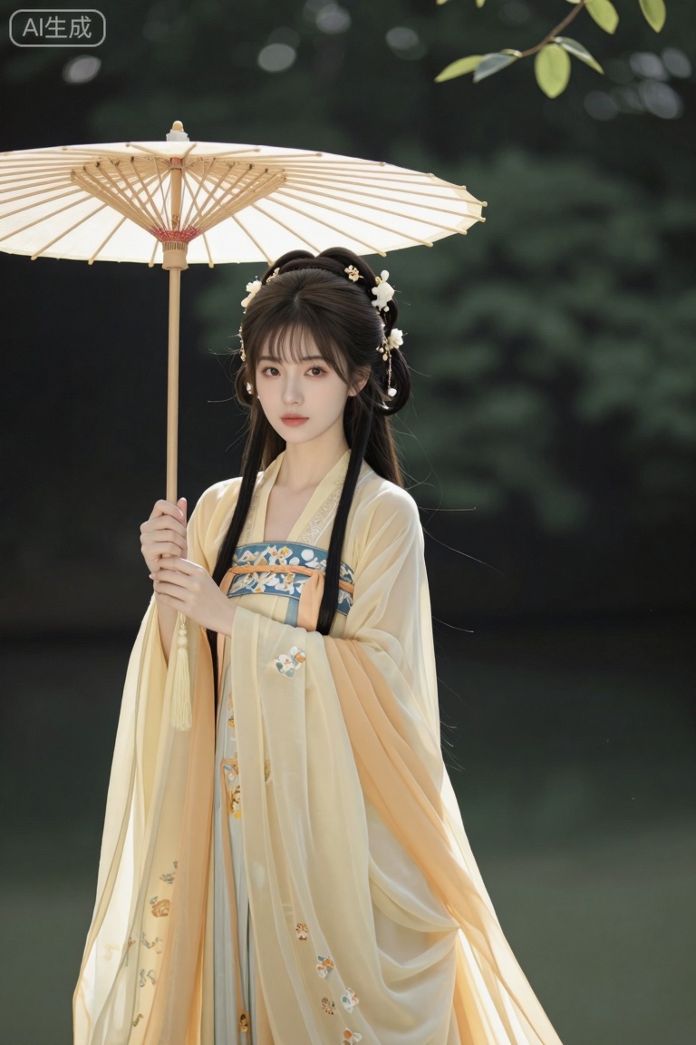 主题: 一位身着古装的女子手持油纸伞,背景为自然风光。
主体: 女子穿着淡黄色带有花纹的汉服,头发编成两条辫子并用发饰点缀。她双手持一把装饰精美的油纸伞,伞顶有龙形装饰。背景是模糊的绿色树木和水面。
风格: 摄影风格,画面色彩柔和,构图精致,具有古典美感。
构图: 采用三分法构图,人物位于画面中央偏左位置,背景虚化突出主体。
光影: 光线柔和,主要光源来自人物前方,阴影不明显,整体明亮且温馨。

