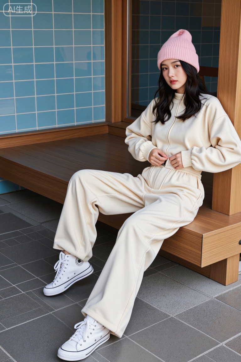 主题: 一位穿着时尚休闲装的女性坐在木质长凳上,展现出优雅与舒适的氛围。
主体: 女性身穿米色连体裤和粉色针织帽,脚穿白色高帮运动鞋,双手轻握腰带,姿态自然放松。背景为蓝色瓷砖墙面和木质结构。
风格: 摄影风格,画面色彩柔和,构图简洁,突出人物的时尚感和环境的温馨感。
构图: 采用三分线构图,人物位于画面右侧,左侧留白,整体布局平衡且视觉焦点集中在人物身上。
光影: 光线柔和,主要来自人物前方,阴影自然,营造出温暖而舒适的氛围。
