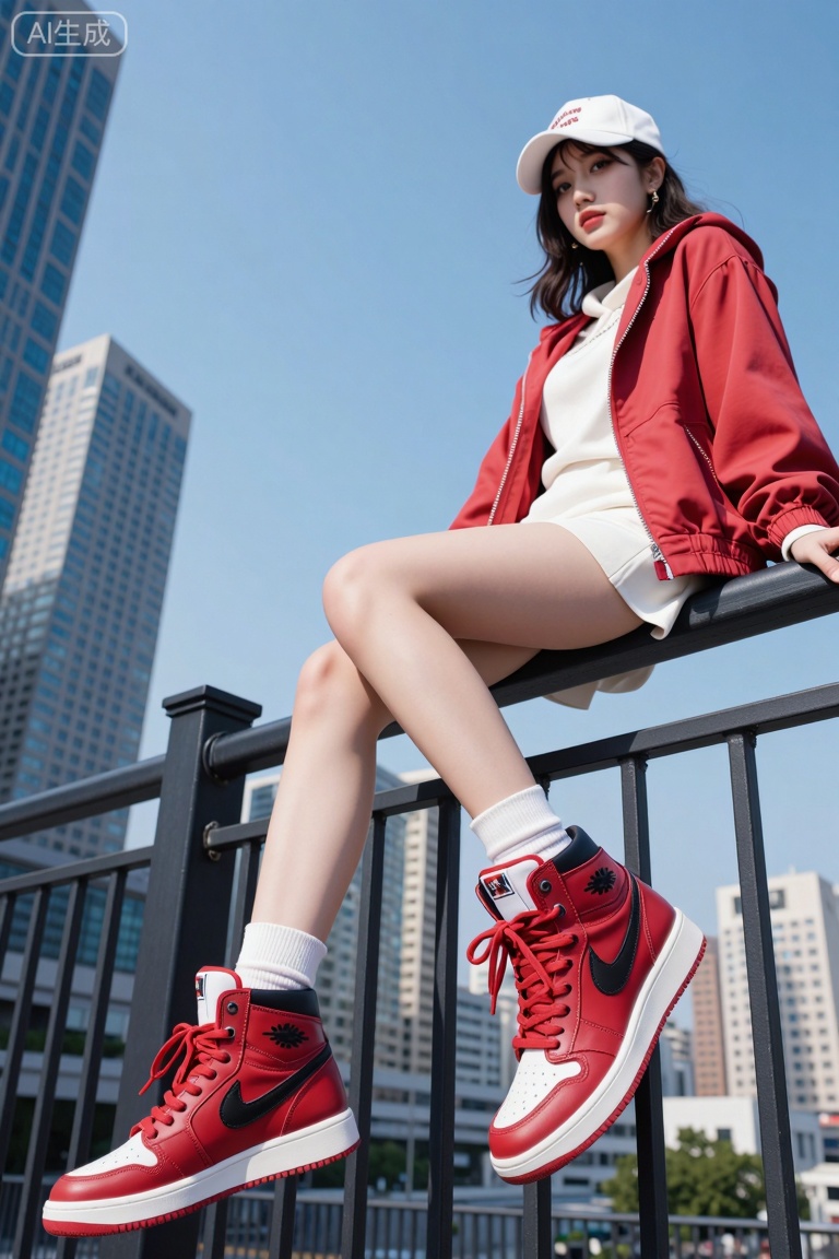 主题: 一位穿着时尚的女性坐在城市背景下的栏杆上,展现出都市休闲风格。
主体: 女性身穿红色夹克、白色卫衣和短裙,脚穿红黑相间的高帮鞋,头戴白色棒球帽。她坐在黑色金属栏杆上,一只手握着栏杆,另一只手自然放在腿上,姿态轻松。
风格: 插画风格,线条流畅,色彩鲜艳,细节丰富,具有现代时尚感。
构图: 低角度拍摄,突出女性的腿部和鞋子,背景中的高楼建筑增加了画面的层次感。
光影: 阳光明媚,阴影柔和,整体光线明亮,突出了服装的颜色和质感。
