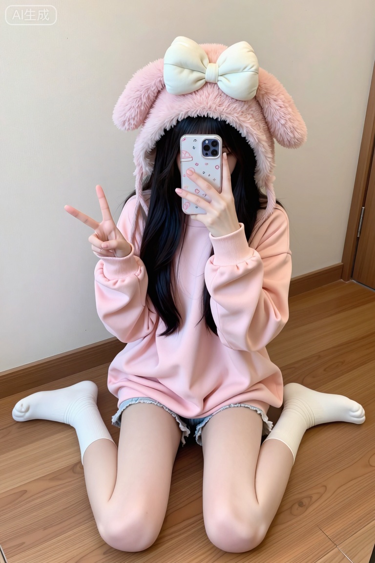 主题: 一位穿着粉色服装的女性在室内地板上摆出可爱的姿势。
主体: 一位长发女性,戴着粉色毛绒帽,帽子上有白色蝴蝶结和毛球。她穿着粉色卫衣和牛仔短裤,脚穿白色袜子,坐在木地板上,双手比出V字手势。
风格: 摄影风格,画面色彩柔和,构图温馨,整体呈现出一种甜美、可爱的氛围。
构图: 采用平视拍摄,人物位于画面中央,背景为室内环境,简洁且突出主体。
光影: 光线均匀柔和,阴影不明显,整体色调温暖,营造出舒适的感觉。
