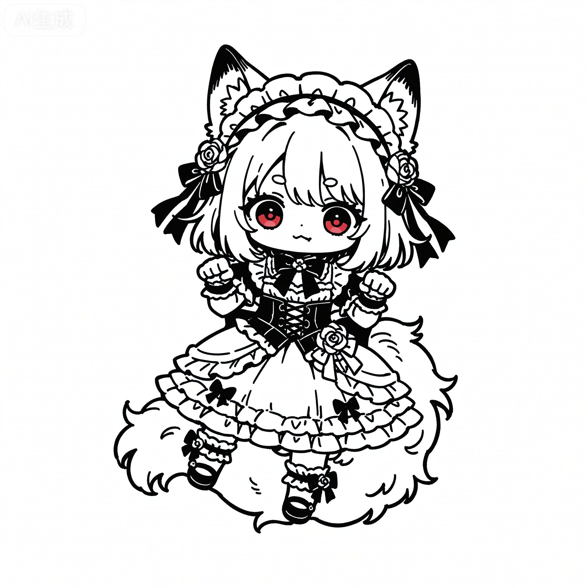 Solo, whole body,
White background, monochrome theme, outline: 1.2
artist:chujiujiu:1.3,
White background, monster lolita, abnormal creature, mutant girl, fluffy monster fur, weird Persian cat hybrid, monster variant, gothic beast form, twisted floral appendage, lilac monster aesthetic, languid monster pose, pale weird skin, dreamy horror, elegant grotesque, white blank background, monster with rose decoration, spooky monster girl