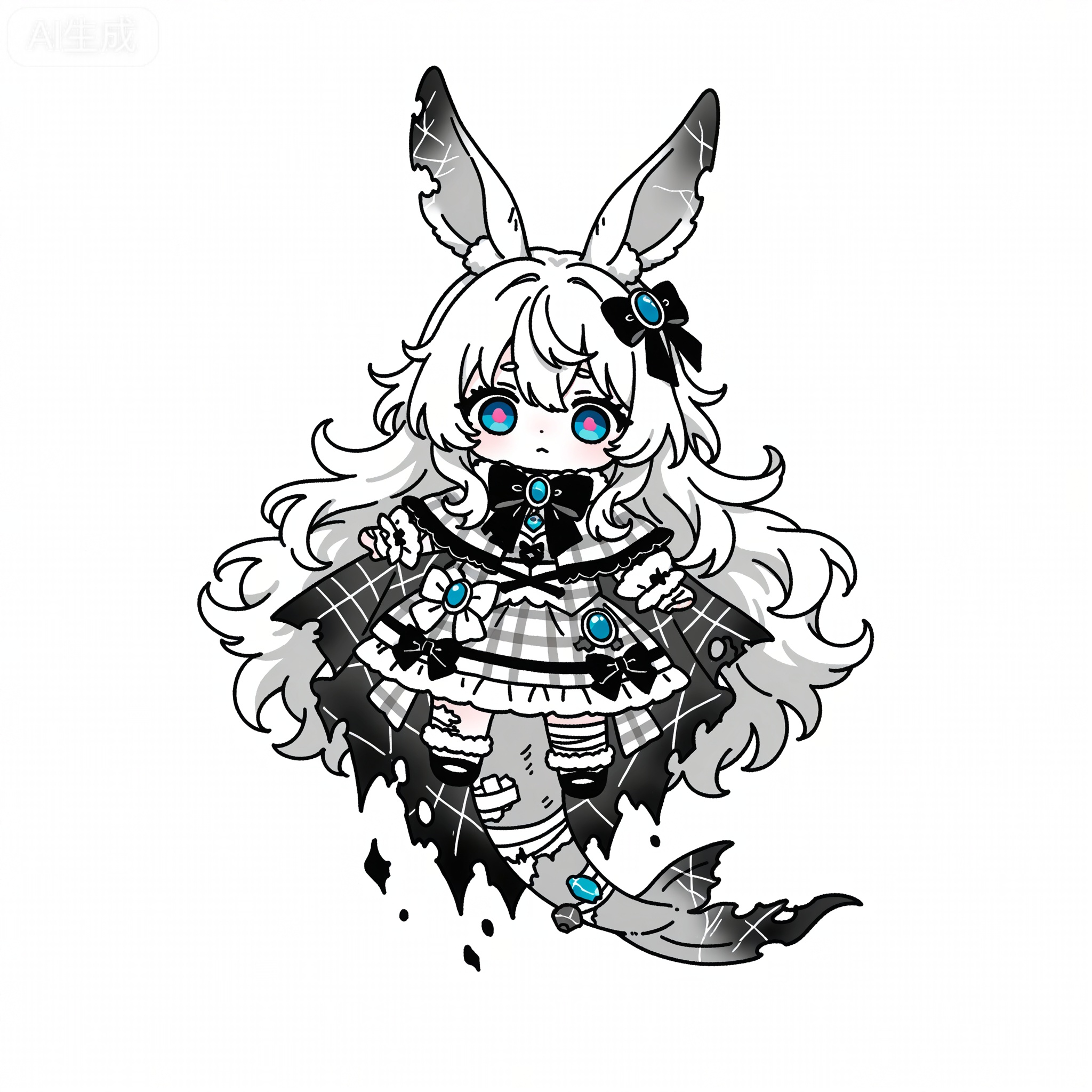 Solo, whole body,
White background, monochrome theme, outline: 1.2
artist:chujiujiu:1.3,
White background, full body monsterization, inverted-eared bunny monster, monster girl, soft pink curly hair, ice blue eyes, twisted bunny ears, tattered lolita cloak, plaid pattern, corroded gem embellishment, bandaged monster limbs, shoes, torn fabric texture, monochrome horror, ethereal monster, melancholy monster expression, fluffy monster fur, fragile monster aesthetic