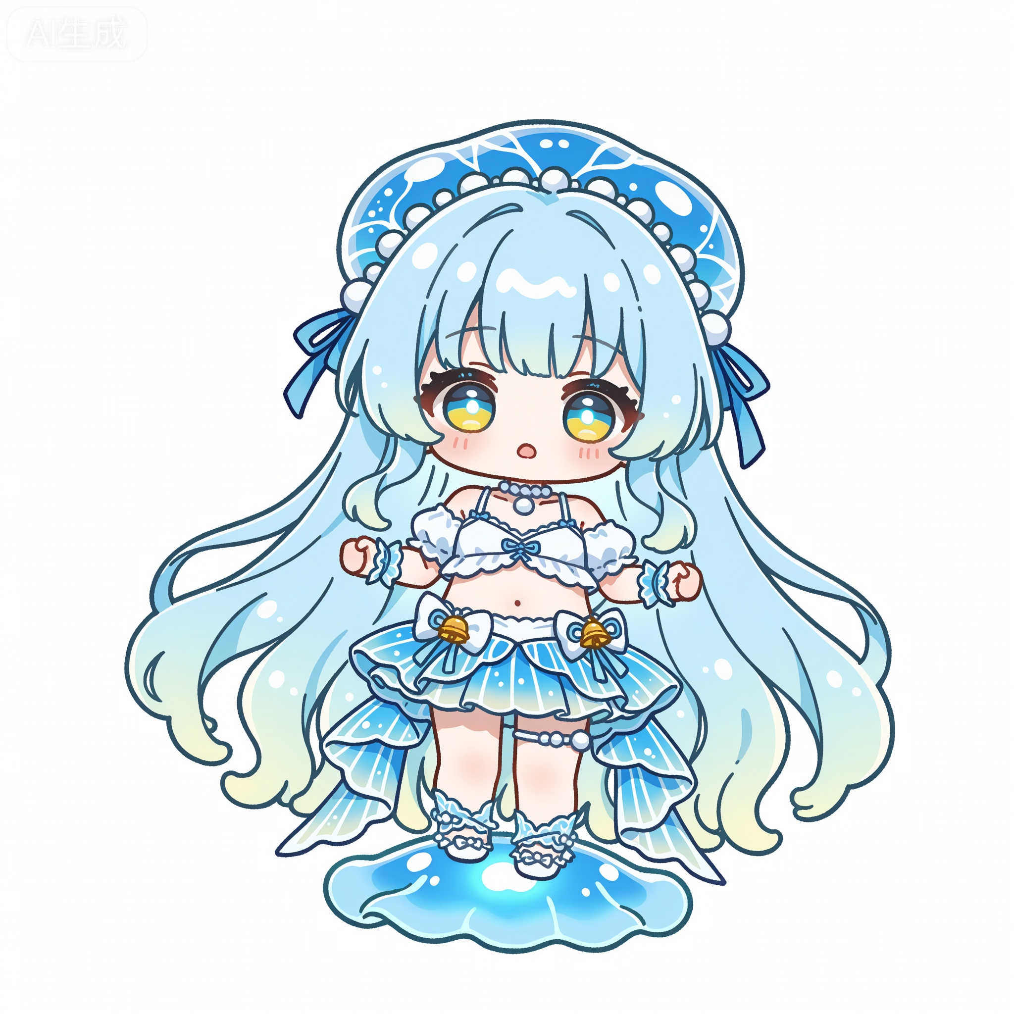 Solo, whole body,
White background, monochrome theme, outline: 1.2
artist:chujiujiu:1.3,
1girl, solo, ice blue jellyfish-like hair, transparent wavy hair, bioluminescent hair tips, light amber jellyfish eyes, glowing pupils, innocent expression, soft gaze, slightly open mouth, pale translucent skin, bioluminescent blue blush, jellyfish humanoid, full body jellyfish transformation, jellyfish tentacle limbs, transparent tentacles with bioluminescent blue stripes, floating tentacles, jellyfish bell-shaped skirt, sheer bioluminescent blue overlay, white camisole, light blue lace trim, ice blue cropped blouse, puff sleeves, white bow, white pearl choker, light blue ribbon wristbands, standing pose, floating posture, ethereal movement, solid white background, no other background elements, bioluminescent glow, transparent texture, delicate line art, soft shading, no watermark, no text, marine fantasy, pure and ethereal aesthetic,