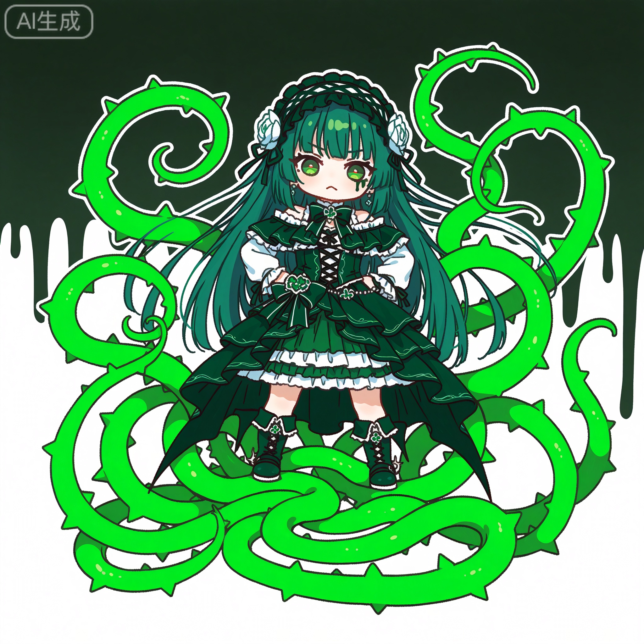 Solo, whole body,
White background, monochrome theme, outline: 1.2
artist:chujiujiu:1.3,
Masterpiece, best quality, ultra-detailed, 1 girl, monsterized all over, green gradient messy tentacles, with thorns and green vines, poisonous green eyes cut vertically, dark green eye shadow, cold expression, tattered gothic lolita dress, multi-layered ruffles dark green, boots, twisted limbs and green scale texture, sharp bone spurs on shoulders, white pure background, dark fantasy aesthetics, weird and strange atmosphere, monster girl mashup, anime illustration, movie lighting