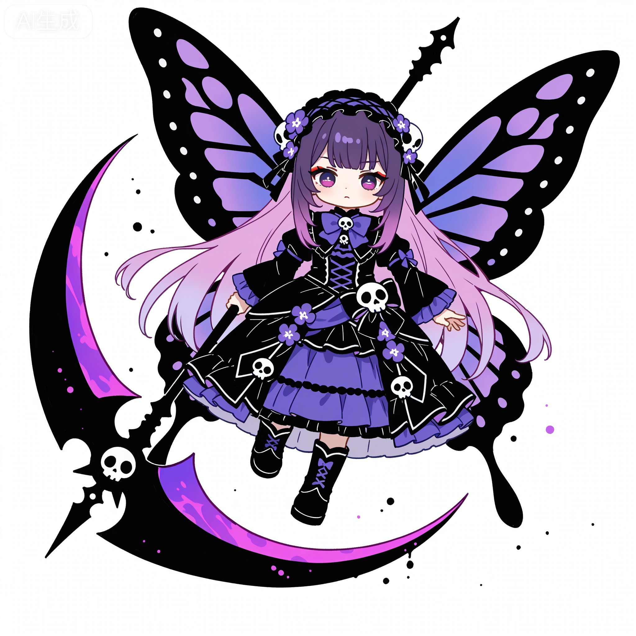 Solo, whole body,
White background, monochrome theme, outline: 1.2
artist:chujiujiu:1.3,
Masterpiece, best quality, ultra-detailed, 1girl, fluffy pink-purple gradient hair with purple flowers and skull decoration, slender purple eyes with red eyeshadow, cold and cold expression, gothic lolita dress with multi-layered ruffled dark purple tulle, black ties Boots holding a giant bloody textured scythe with pink and purple balloons next to it, dress with purple imperial butterfly wings pattern, dynamic floating ribbon, ink splattered white background, dark fantasy aesthetic, sweet and dark contrast, anime illustration, cinematic lighting