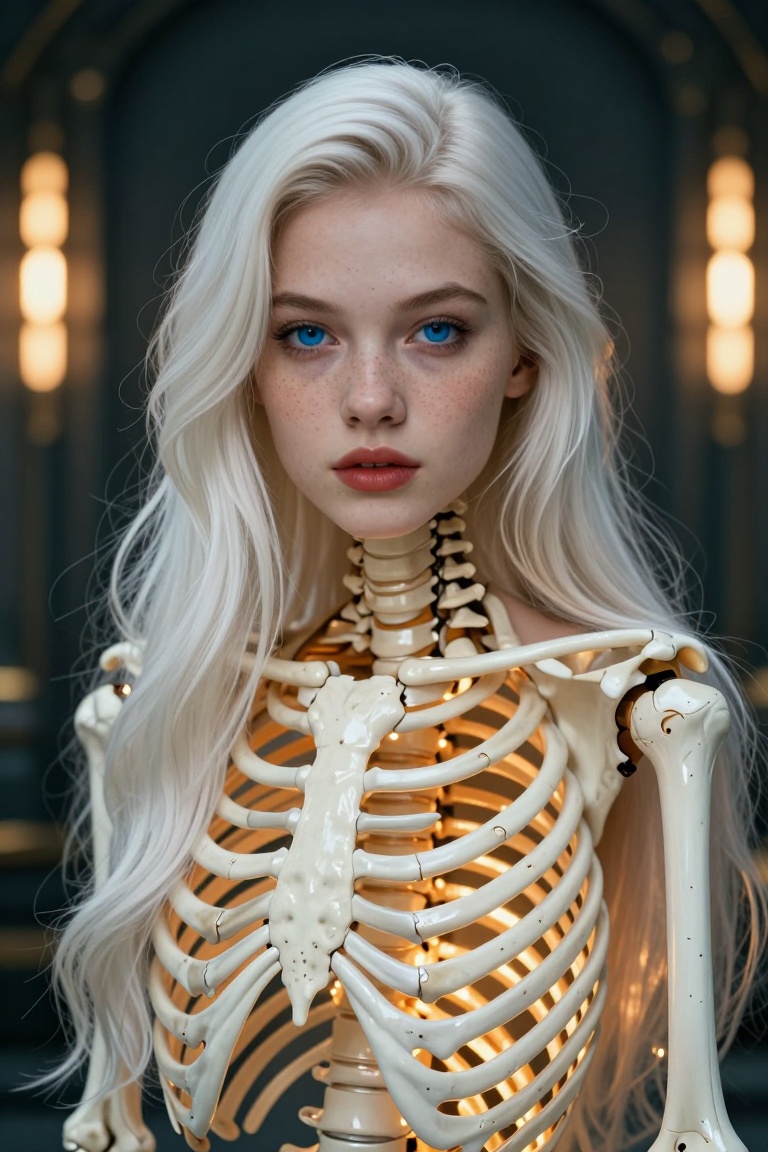 A breathtakingly beautiful young girl with long,  flowing platinum-white hair and piercing blue eyes,  her face adorned wi...
