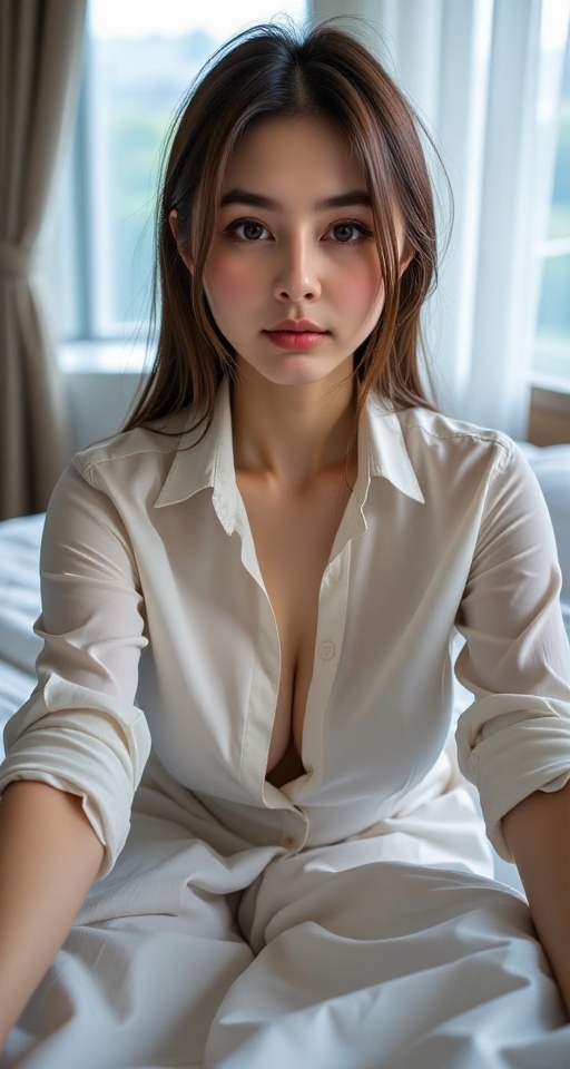 Generate a real-world photograph realistic photography 1girl solo looking at viewer blush large breasts brown hair shirt l...