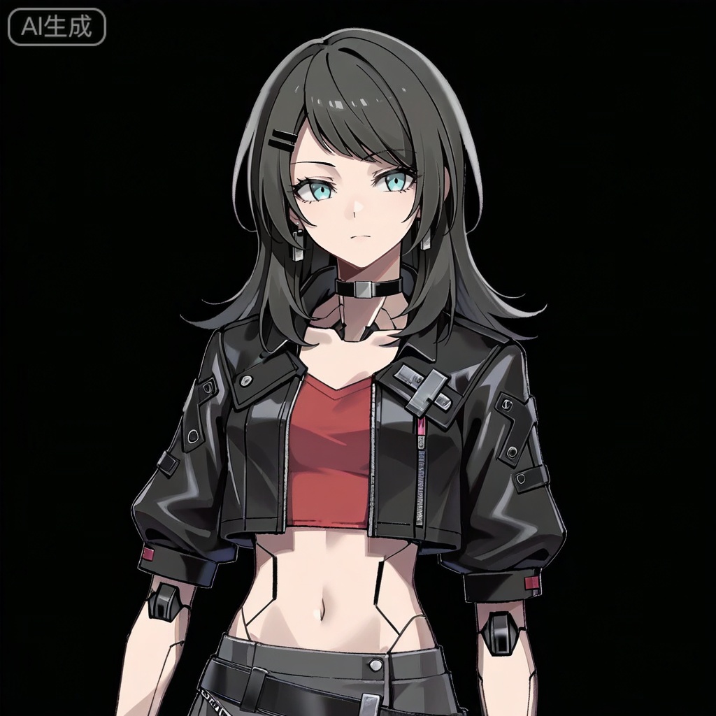 masterpiece, best quality,solo,white background,simple_background,Yahata Umiri,cybersaki_style,black hair,long hair,blue eyes,bangs,swept bangs,skirt,jewelry,jacket,earrings,choker,black jacket,red shirt,leather,leather jacket,navel,cropped jacket,android,joints,robot joints