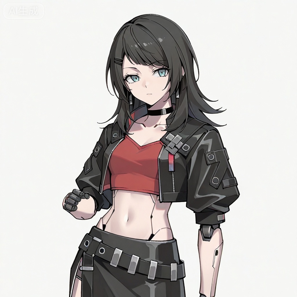 masterpiece, best quality,solo,white background,simple_background,Yahata Umiri,cybersaki_style,black hair,long hair,blue eyes,bangs,swept bangs,skirt,jewelry,jacket,earrings,choker,black jacket,red shirt,leather,leather jacket,navel,cropped jacket,android,joints,robot joints