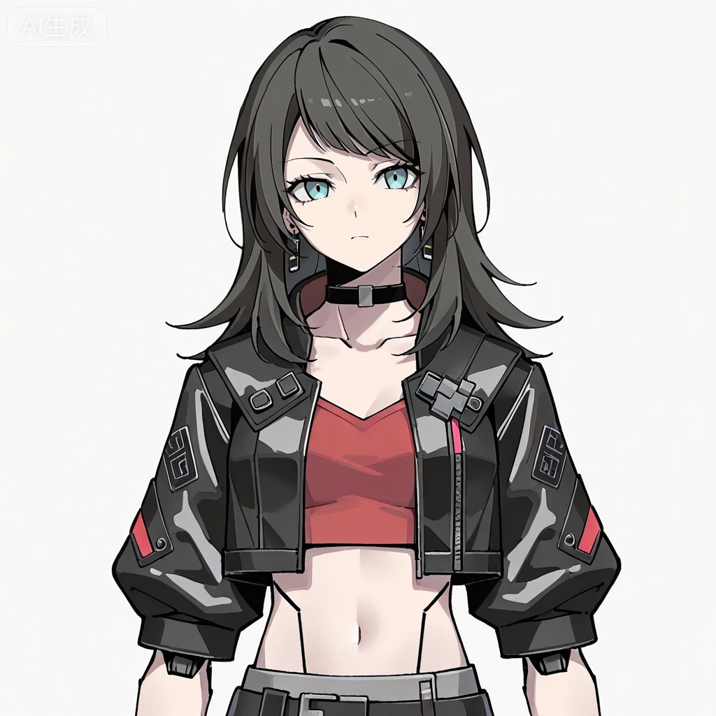 masterpiece, best quality,solo,white background,simple_background,Yahata Umiri,cybersaki_style,black hair,long hair,blue eyes,bangs,swept bangs,skirt,jewelry,jacket,earrings,choker,black jacket,red shirt,leather,leather jacket,navel,cropped jacket,android,joints,robot joints