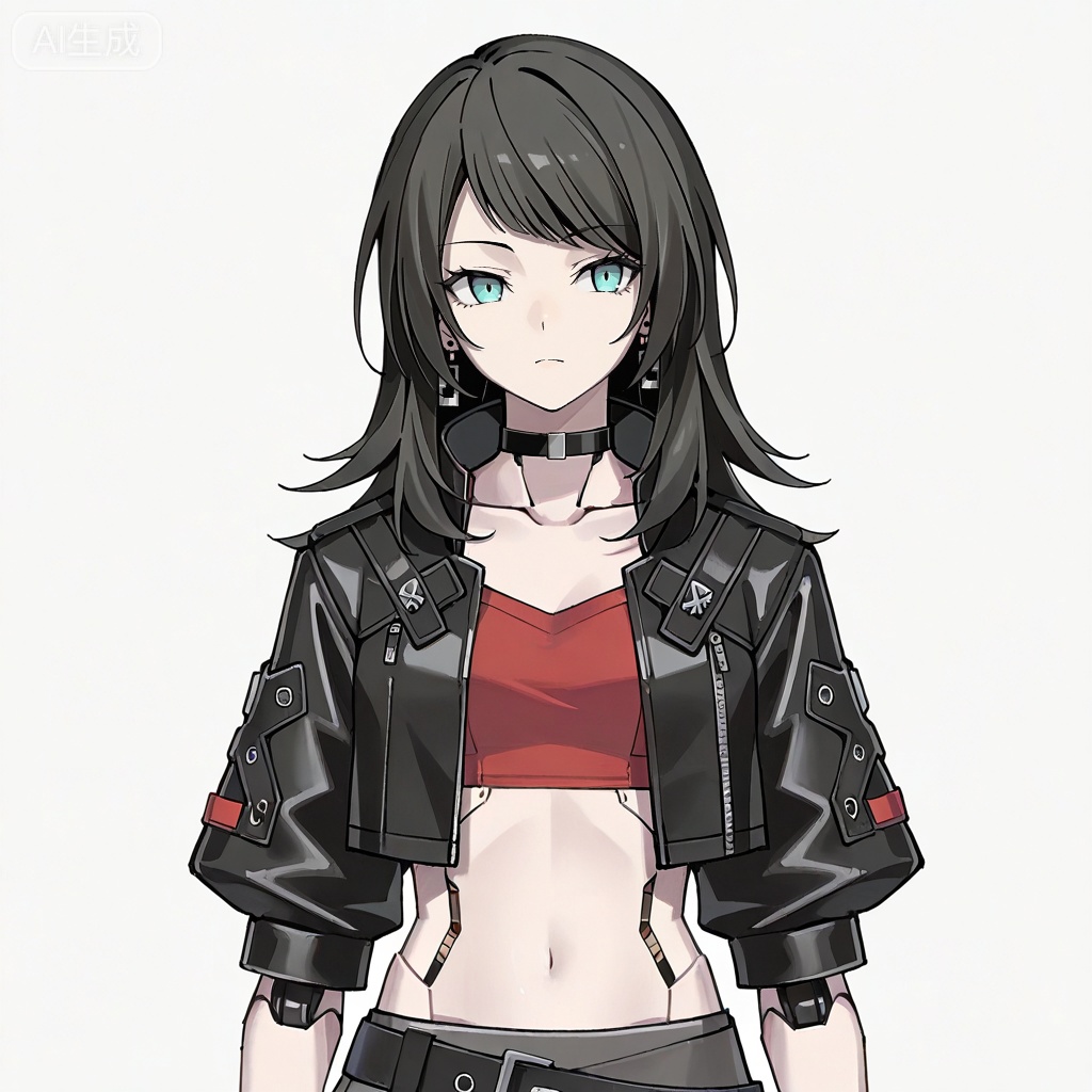 masterpiece, best quality,solo,white background,simple_background,Yahata Umiri,cybersaki_style,black hair,long hair,blue eyes,bangs,swept bangs,skirt,jewelry,jacket,earrings,choker,black jacket,red shirt,leather,leather jacket,navel,cropped jacket,android,joints,robot joints