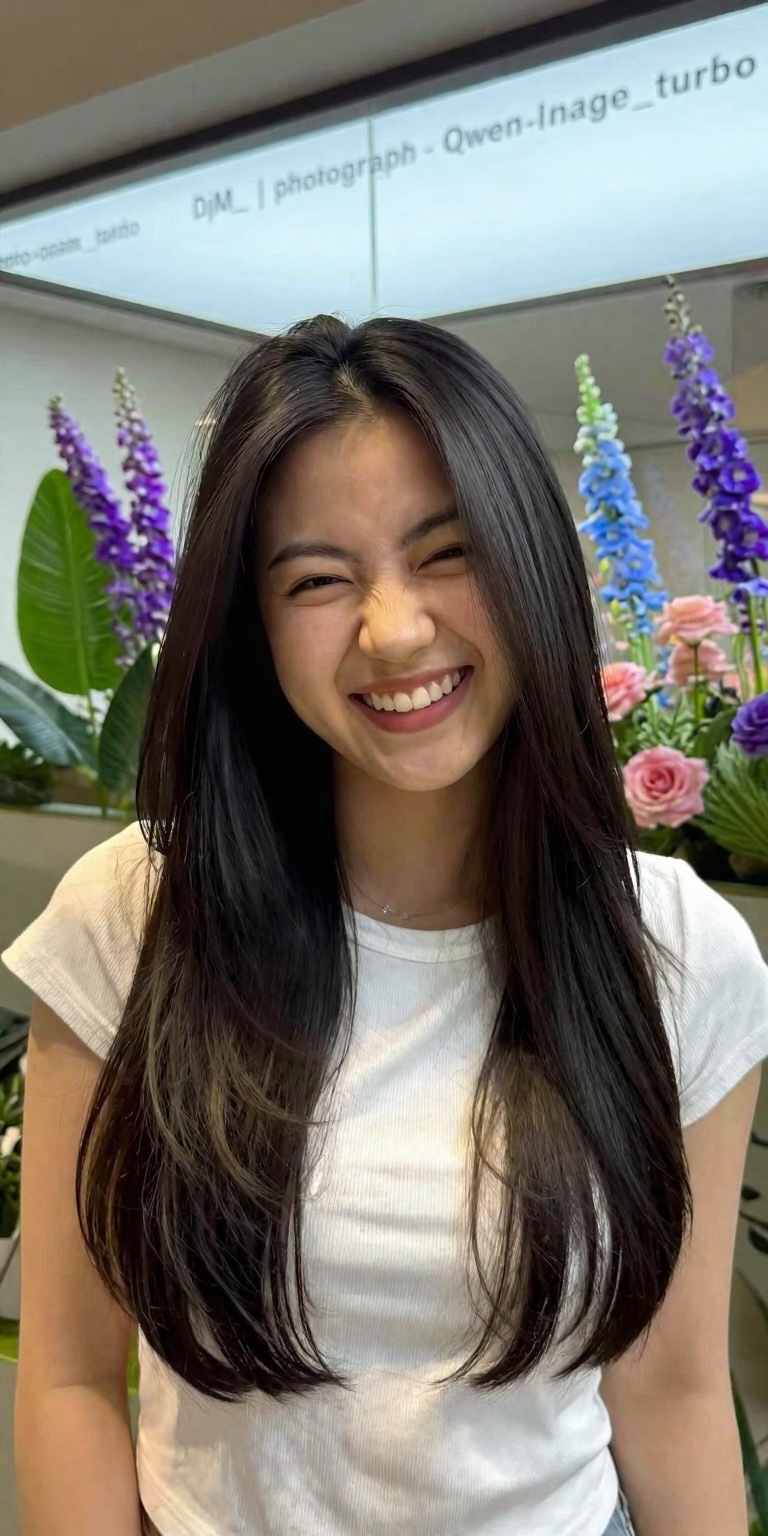 A young woman with long,  dark brown hair that has lighter brown highlights is smiling widely,  her eyes squinted in joy....