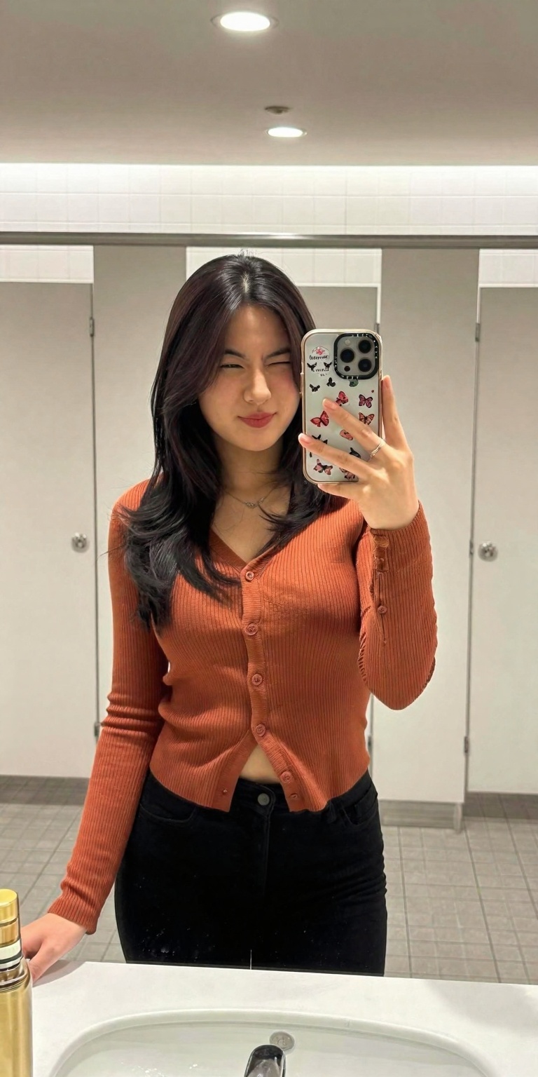 a person taking a selfie in a bathroom mirror. The background consists of white tiled walls and floor,  with ceiling light...