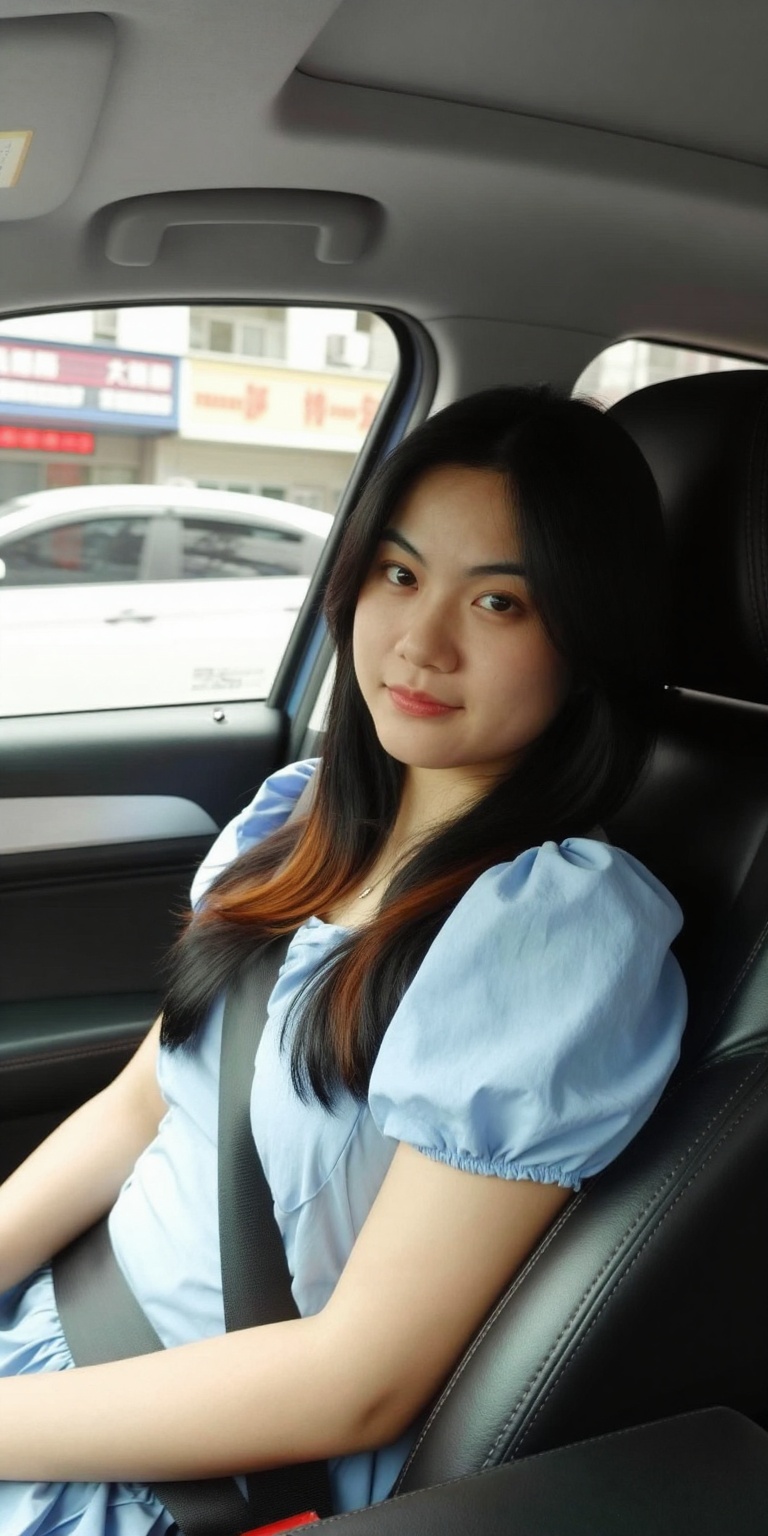 Create an image of a young woman sitting in the driver's seat of a car,  looking directly at the camera with a slight smil...
