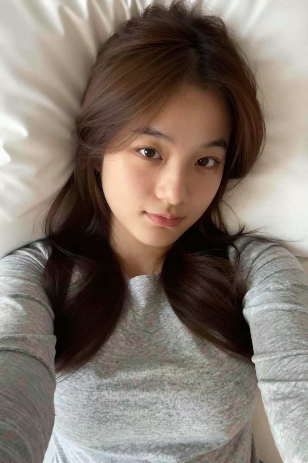 a photo-realistic portrait of a young woman taken from a selfie angle,  looking directly at the camera with a neutral expr...