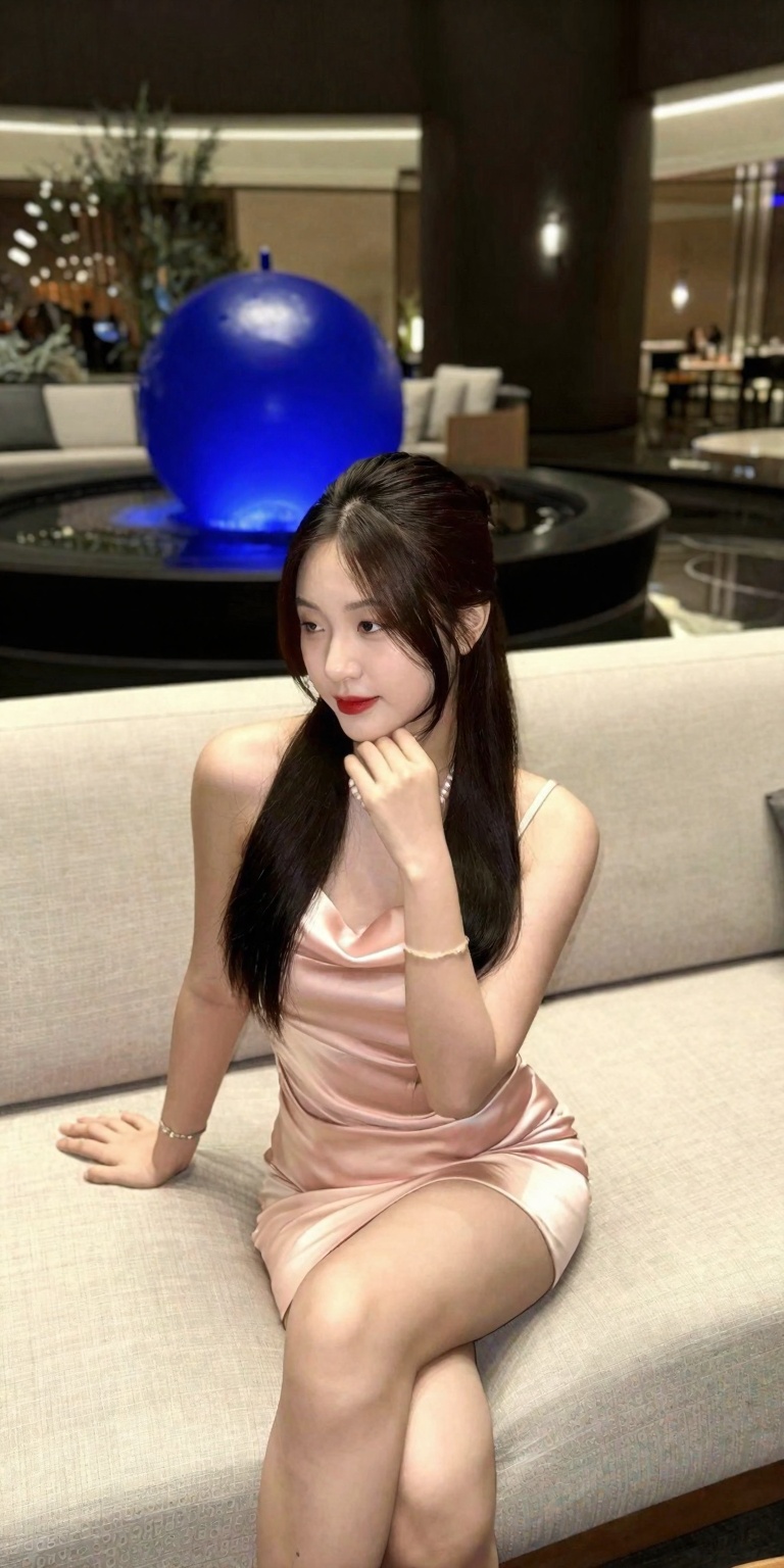 a young woman sitting on a light-colored sofa. She is wearing a light pink satin dress that is sleeveless and has thin str...