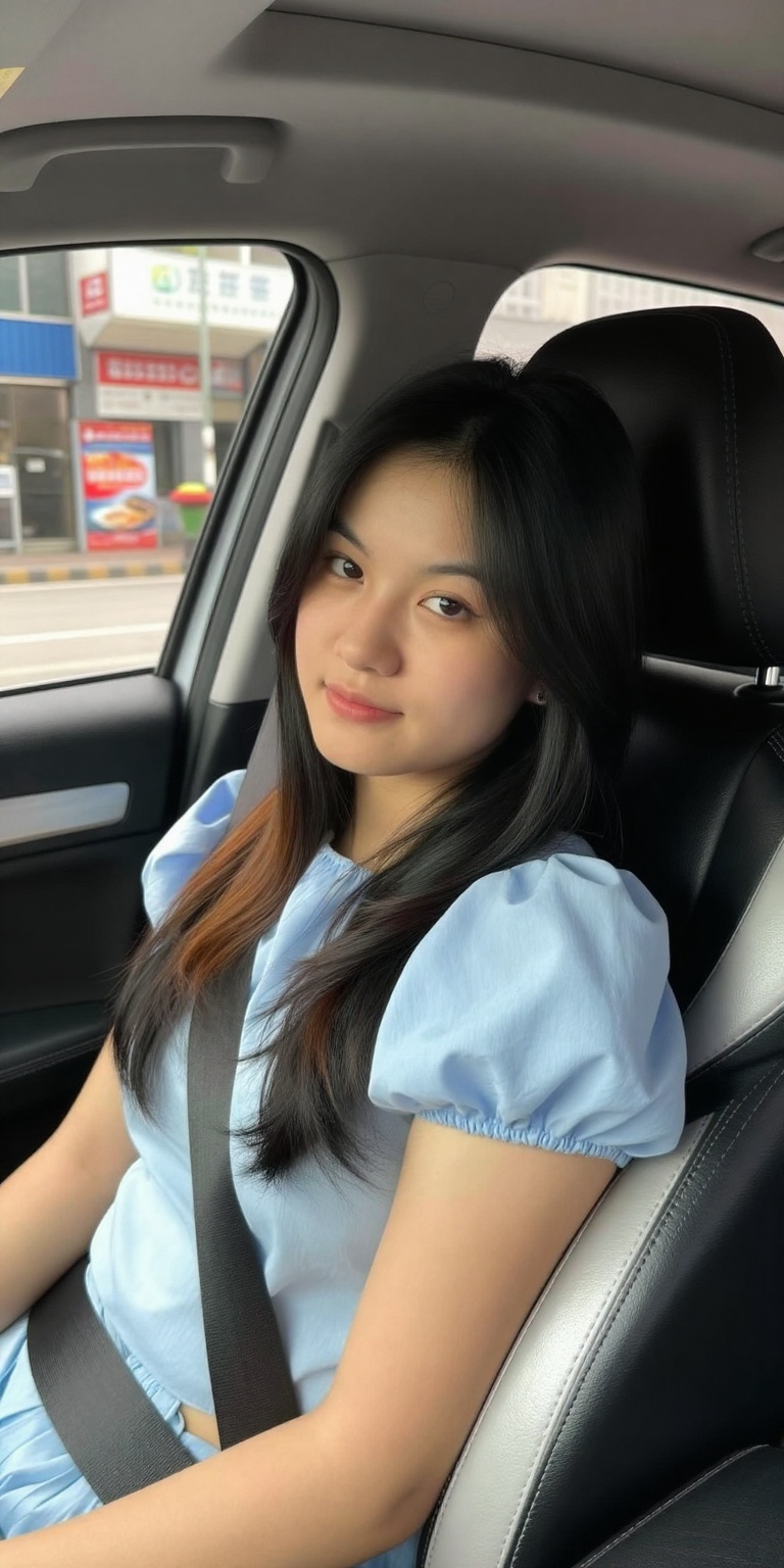 Create an image of a young woman sitting in the driver's seat of a car,  looking directly at the camera with a slight smil...