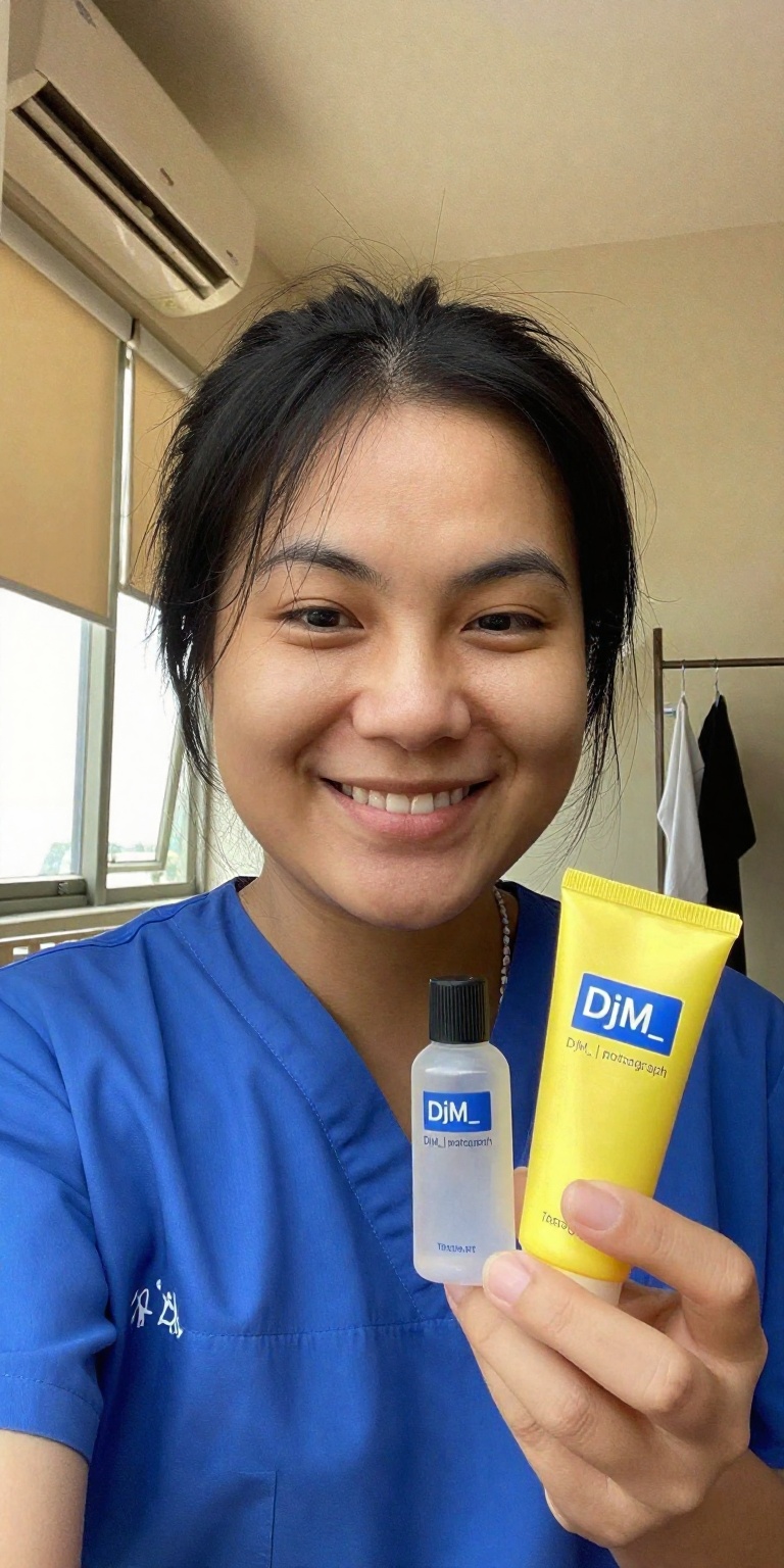 a person with dark,  slightly messy hair,  wearing a blue scrub top with a small white design on the left side. She is hol...
