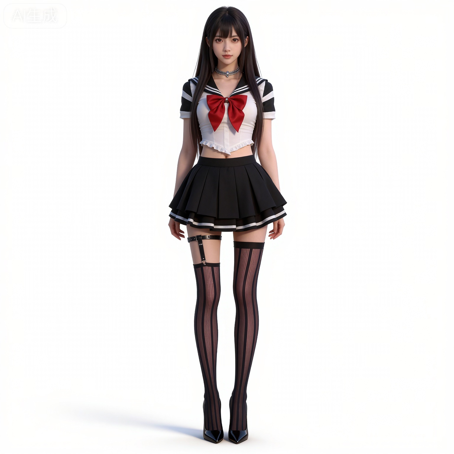 black hair,long hair,brown eyes,fair_skin,
fangyi asymmetrical legwear,fangyi fishnet thighhighs,fangyi legwear garter,fangyi miniskirt,fangyi mismatched legwear,fangyi pleated skirt,fangyi serafuku,fangyi single leg pantyhose,fangyi striped pantyhose,fangyi striped thighhighs,fangyi thigh strap,1girl,solo,long hair,school uniform,full body,black hair,brown hair,black skirt,bow,standing,red bow,jewelry,midriff,shirt,red bowtie,white background,breasts,bowtie,sailor collar,high heels