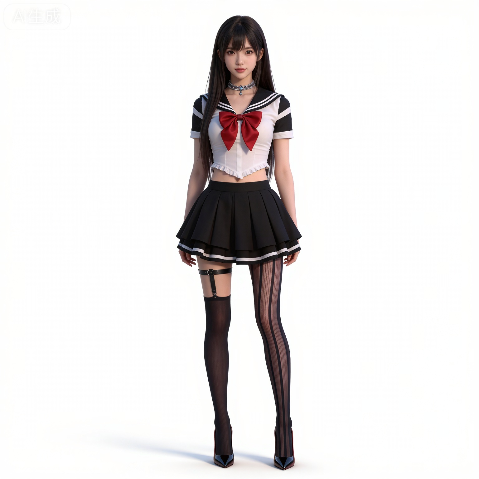 black hair,long hair,brown eyes,fair_skin,
fangyi asymmetrical legwear,fangyi fishnet thighhighs,fangyi legwear garter,fangyi miniskirt,fangyi mismatched legwear,fangyi pleated skirt,fangyi serafuku,fangyi single leg pantyhose,fangyi striped pantyhose,fangyi striped thighhighs,fangyi thigh strap,1girl,solo,long hair,school uniform,full body,black hair,brown hair,black skirt,bow,standing,red bow,jewelry,midriff,shirt,red bowtie,white background,breasts,bowtie,sailor collar,high heels