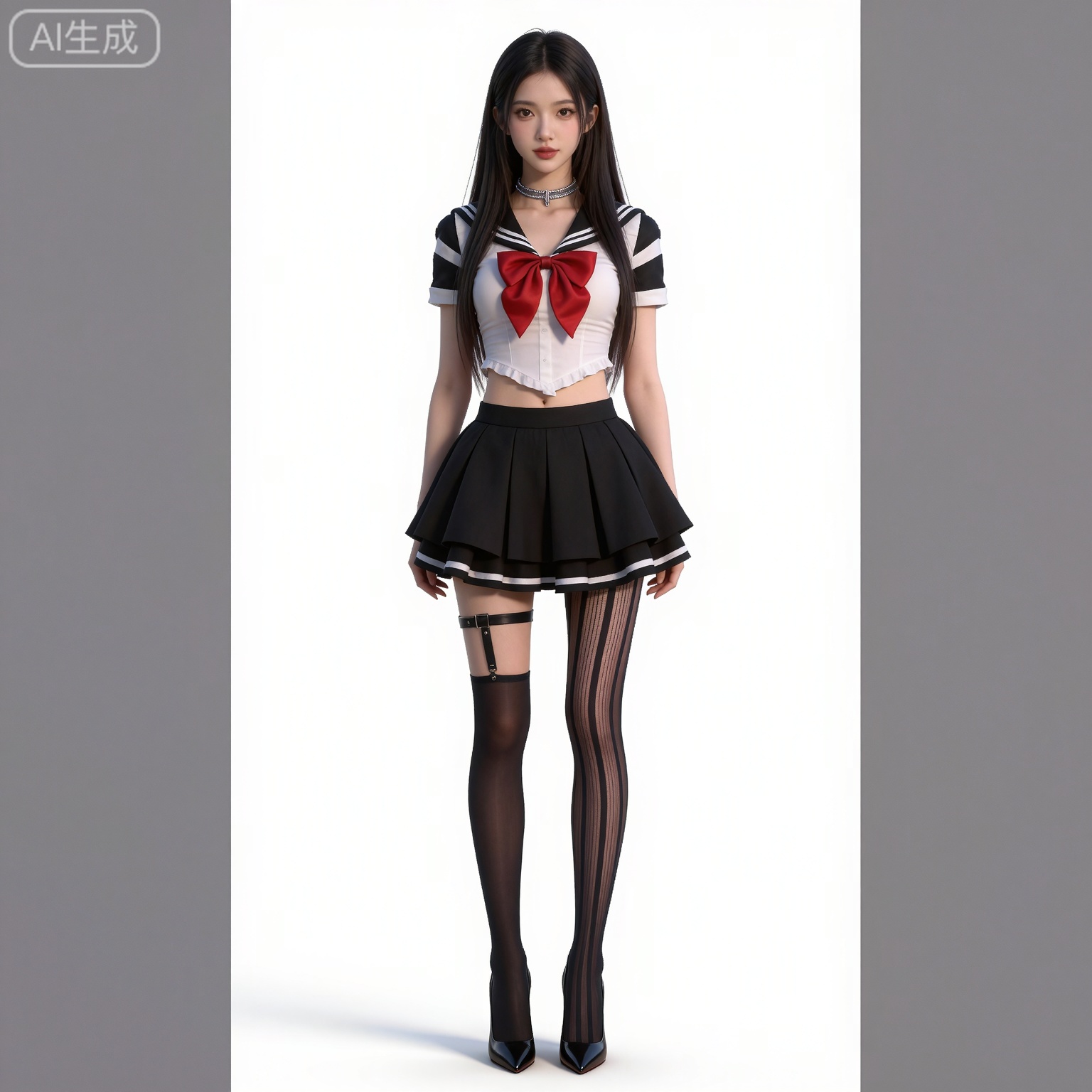 black hair,long hair,brown eyes,fair_skin,
fangyi asymmetrical legwear,fangyi fishnet thighhighs,fangyi legwear garter,fangyi miniskirt,fangyi mismatched legwear,fangyi pleated skirt,fangyi serafuku,fangyi single leg pantyhose,fangyi striped pantyhose,fangyi striped thighhighs,fangyi thigh strap,1girl,solo,long hair,school uniform,full body,black hair,brown hair,black skirt,bow,standing,red bow,jewelry,midriff,shirt,red bowtie,white background,breasts,bowtie,sailor collar,high heels