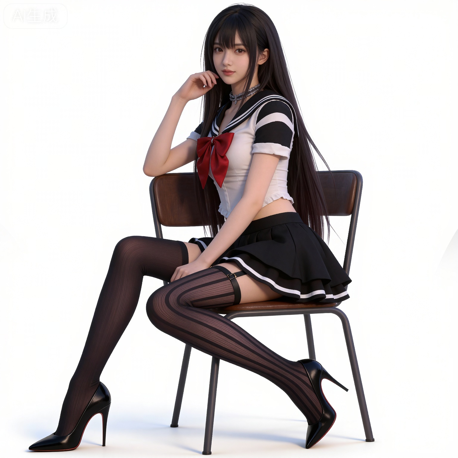 black hair,long hair,brown eyes,fair_skin,fangyi asymmetrical legwear,fangyi fishnet thighhighs,fangyi legwear garter,fangyi miniskirt,fangyi mismatched legwear,fangyi pleated skirt,fangyi serafuku,fangyi single leg pantyhose,fangyi striped pantyhose,fangyi striped thighhighs,fangyi thigh strap,1girl,solo,long hair,high heels,sitting,chair,crossed legs,white background,black hair,black skirt,bow,jewelry,short sleeves,red bow,simple background,shirt,black footwear,full body,school uniform,red bowtie,lips,head rest,midriff,sailor collar,bowtie,hand on own face,
