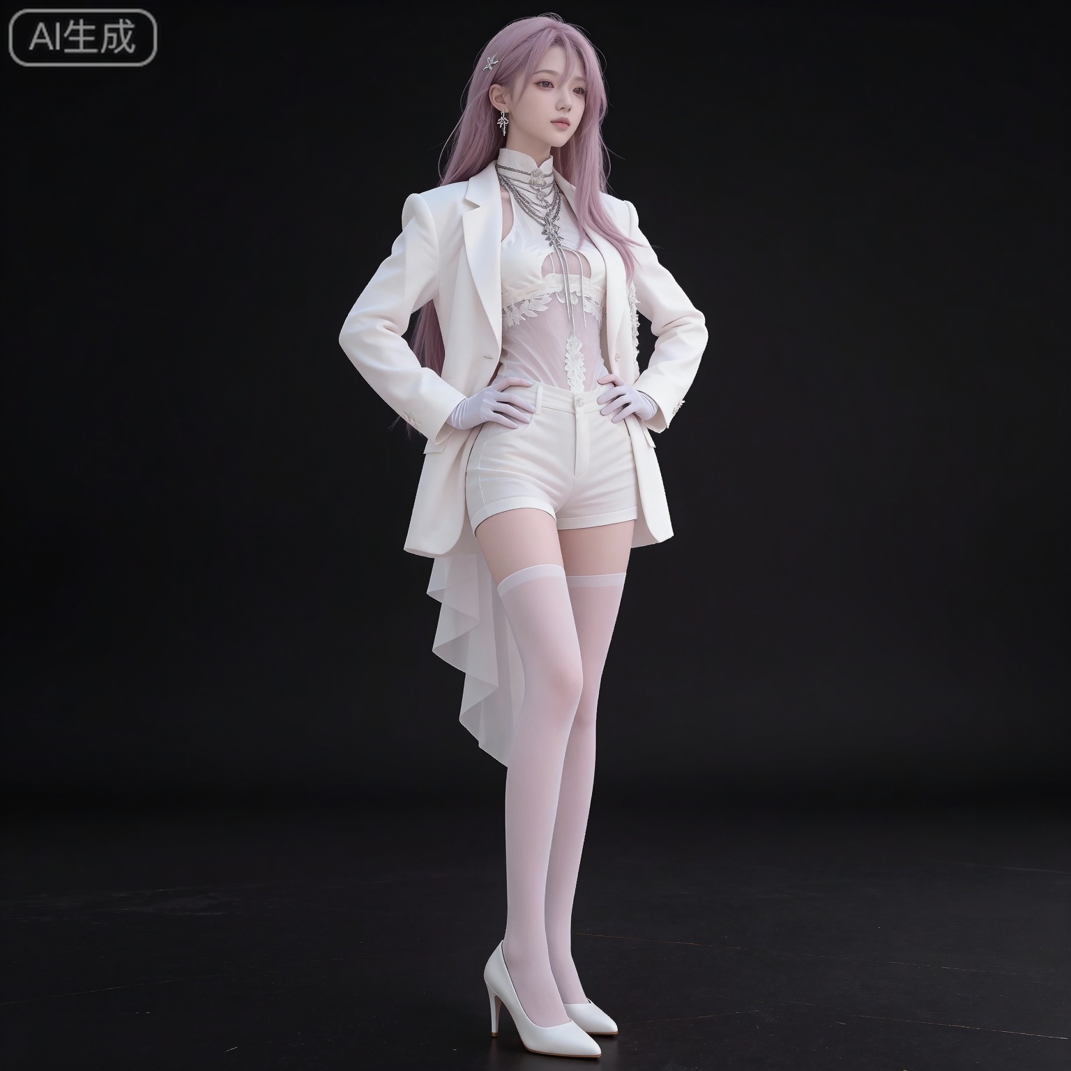 (black hair:1.2),long hair,brown eyes,fair_skin,
mumu center frills,mumu high-waist shorts,mumu white jacket,mumu white shirt,mumu white thighhighs,mumu white gloves,mumu white shorts,solo,1girl,high heels,full body,white footwear,simple background,pink hair,jewelry,open jacket,open clothes,arms at sides,long sleeves,looking at viewer,closed mouth,standing,hands_on_hips,black_background,