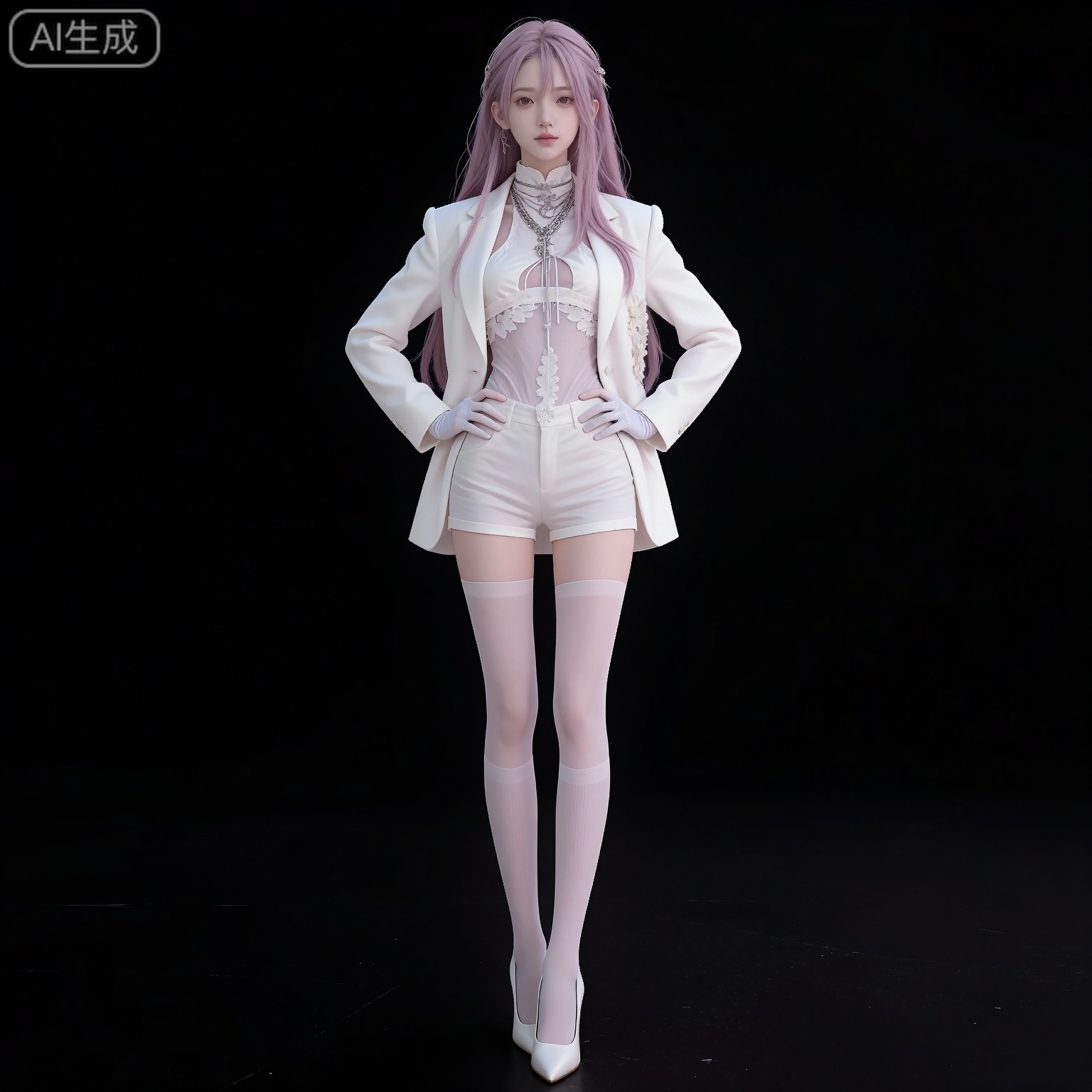 (black hair:1.2),long hair,brown eyes,fair_skin,
mumu center frills,mumu high-waist shorts,mumu white jacket,mumu white shirt,mumu white thighhighs,mumu white gloves,mumu white shorts,solo,1girl,high heels,full body,white footwear,simple background,pink hair,jewelry,open jacket,open clothes,arms at sides,long sleeves,looking at viewer,closed mouth,standing,hands_on_hips,black_background,