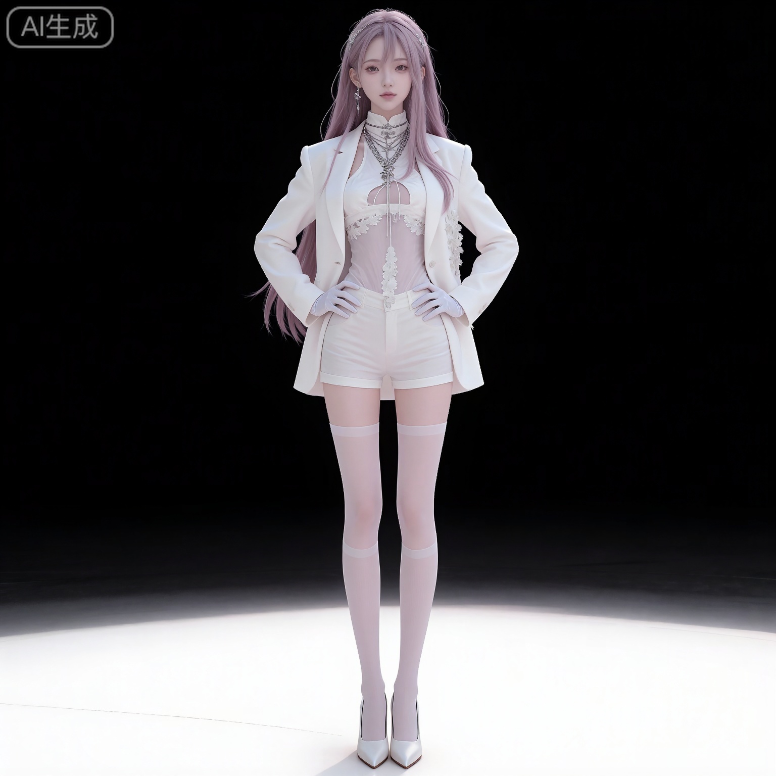 (black hair:1.2),long hair,brown eyes,fair_skin,
mumu center frills,mumu high-waist shorts,mumu white jacket,mumu white shirt,mumu white thighhighs,mumu white gloves,mumu white shorts,solo,1girl,high heels,full body,white footwear,simple background,pink hair,jewelry,open jacket,open clothes,arms at sides,long sleeves,looking at viewer,closed mouth,standing,hands_on_hips,black_background,