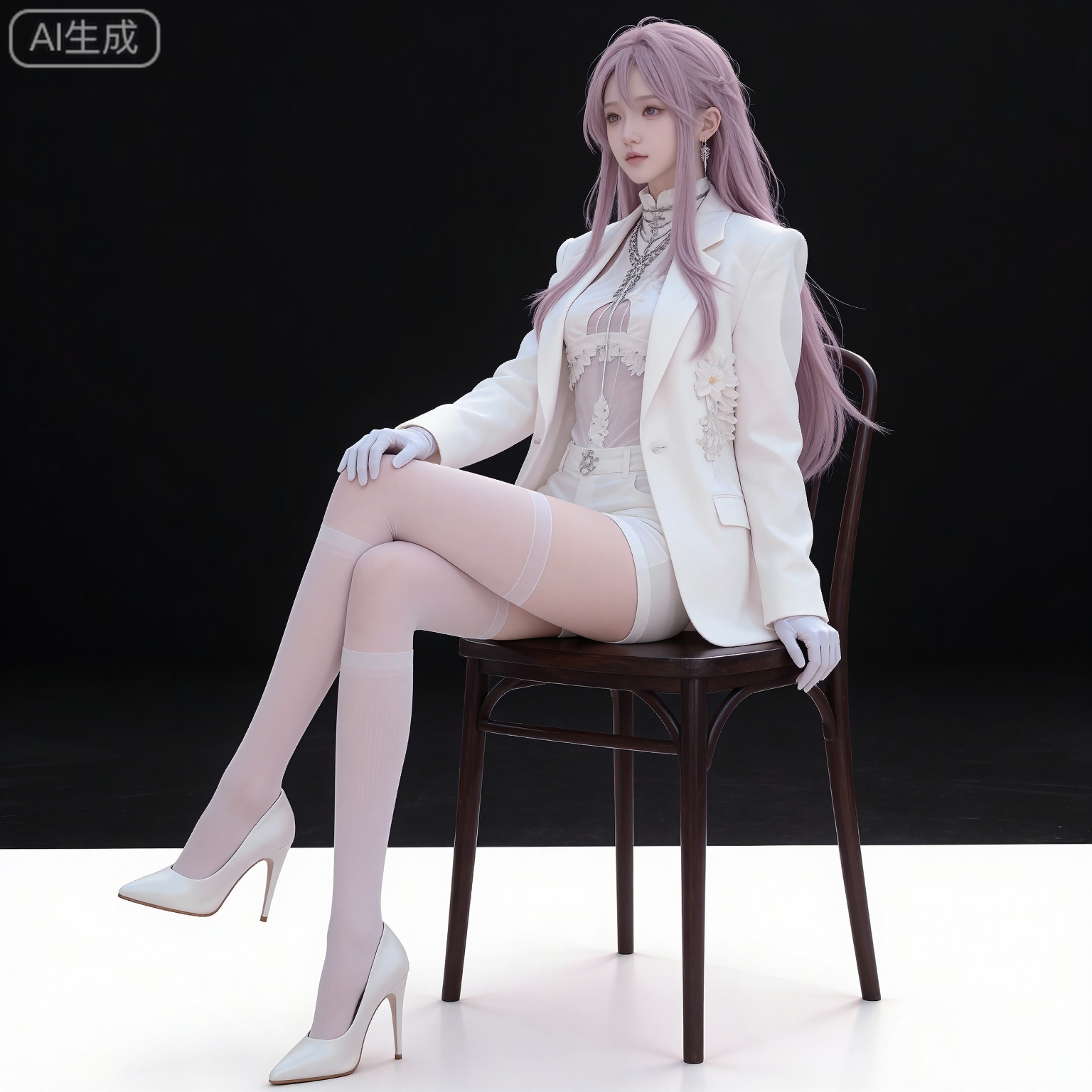 (black hair:1.2),long hair,brown eyes,fair_skin,
mumu center frills,mumu high-waist shorts,mumu white jacket,mumu white shirt,mumu white thighhighs,mumu white gloves,mumu white shorts,solo,1girl,high heels,full body,white footwear,simple background,pink hair,jewelry,open jacket,open clothes,arms at sides,long sleeves,looking at viewer,closed mouth,black_background,sitting,chair,