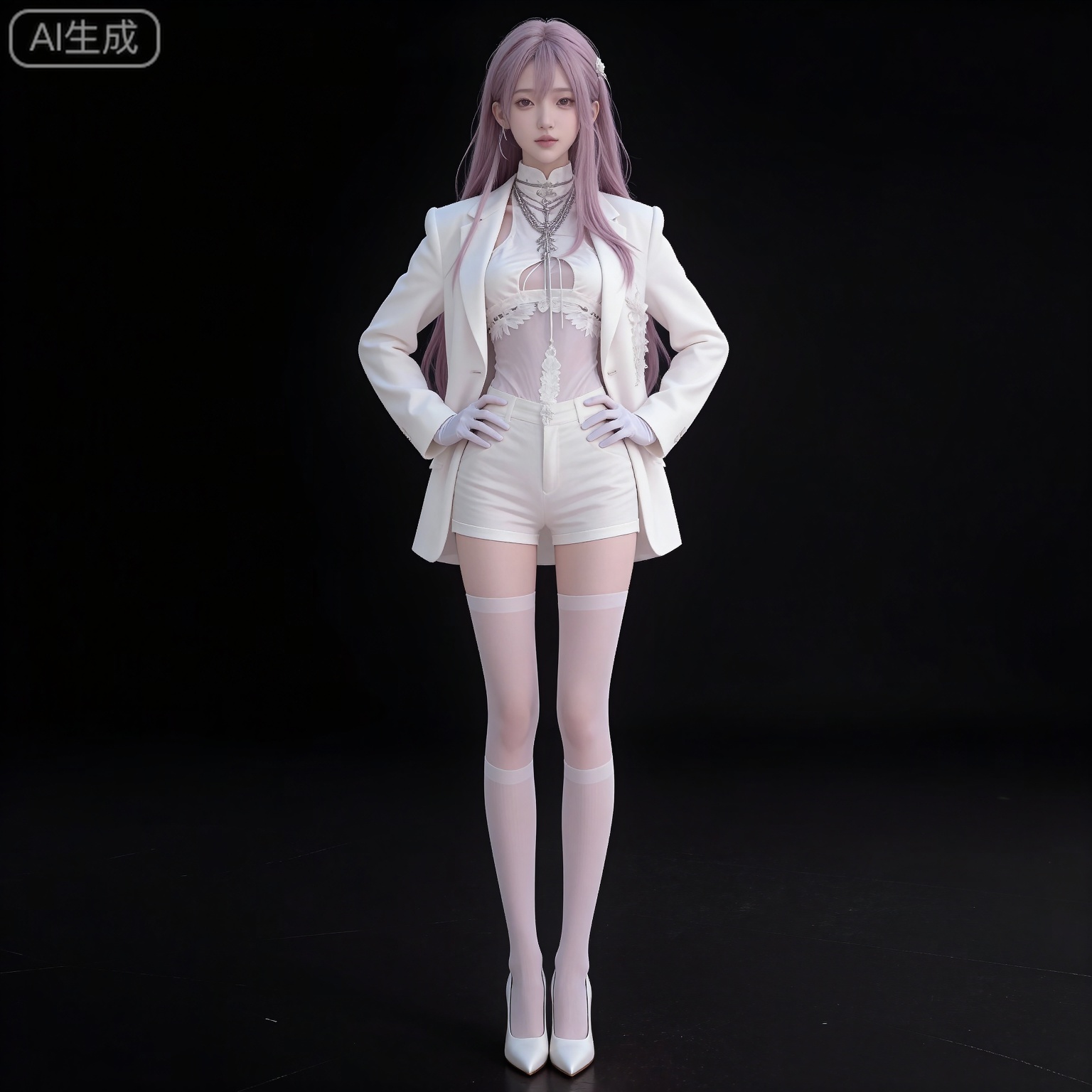 (black hair:1.2),long hair,brown eyes,fair_skin,
mumu center frills,mumu high-waist shorts,mumu white jacket,mumu white shirt,mumu white thighhighs,mumu white gloves,mumu white shorts,solo,1girl,high heels,full body,white footwear,simple background,pink hair,jewelry,open jacket,open clothes,arms at sides,long sleeves,looking at viewer,closed mouth,standing,hands_on_hips,black_background,