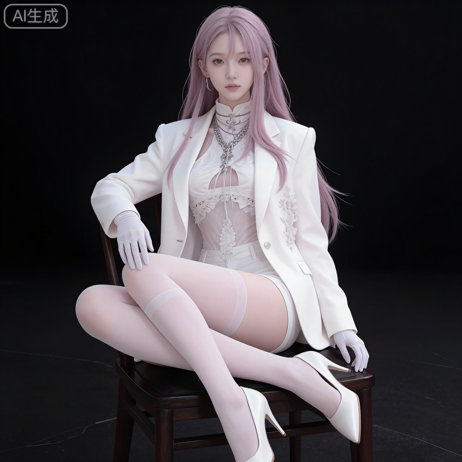 (black hair:1.2),long hair,brown eyes,fair_skin,
mumu center frills,mumu high-waist shorts,mumu white jacket,mumu white shirt,mumu white thighhighs,mumu white gloves,mumu white shorts,solo,1girl,high heels,full body,white footwear,simple background,pink hair,jewelry,open jacket,open clothes,arms at sides,long sleeves,looking at viewer,closed mouth,black_background,sitting,chair,
