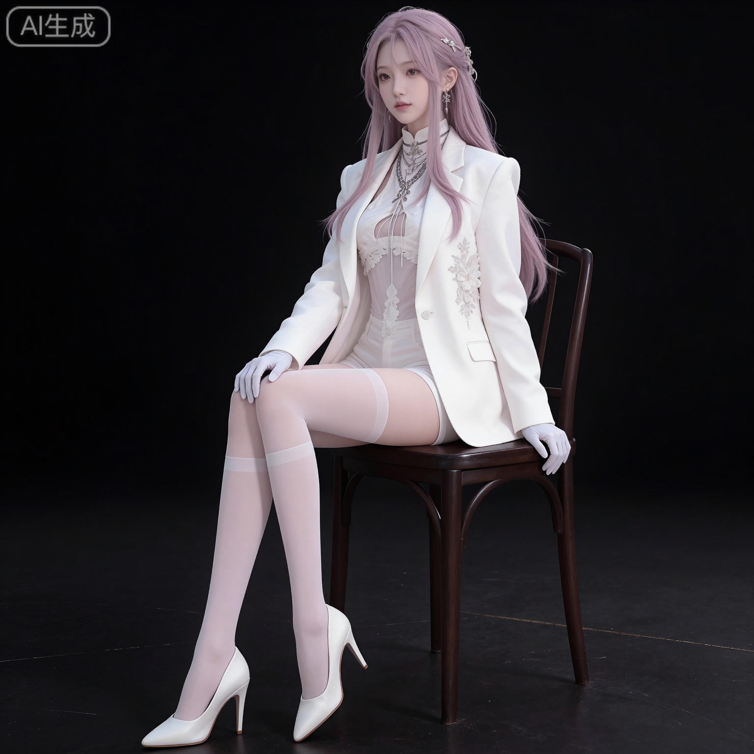 (black hair:1.2),long hair,brown eyes,fair_skin,
mumu center frills,mumu high-waist shorts,mumu white jacket,mumu white shirt,mumu white thighhighs,mumu white gloves,mumu white shorts,solo,1girl,high heels,full body,white footwear,simple background,pink hair,jewelry,open jacket,open clothes,arms at sides,long sleeves,looking at viewer,closed mouth,black_background,sitting,chair,