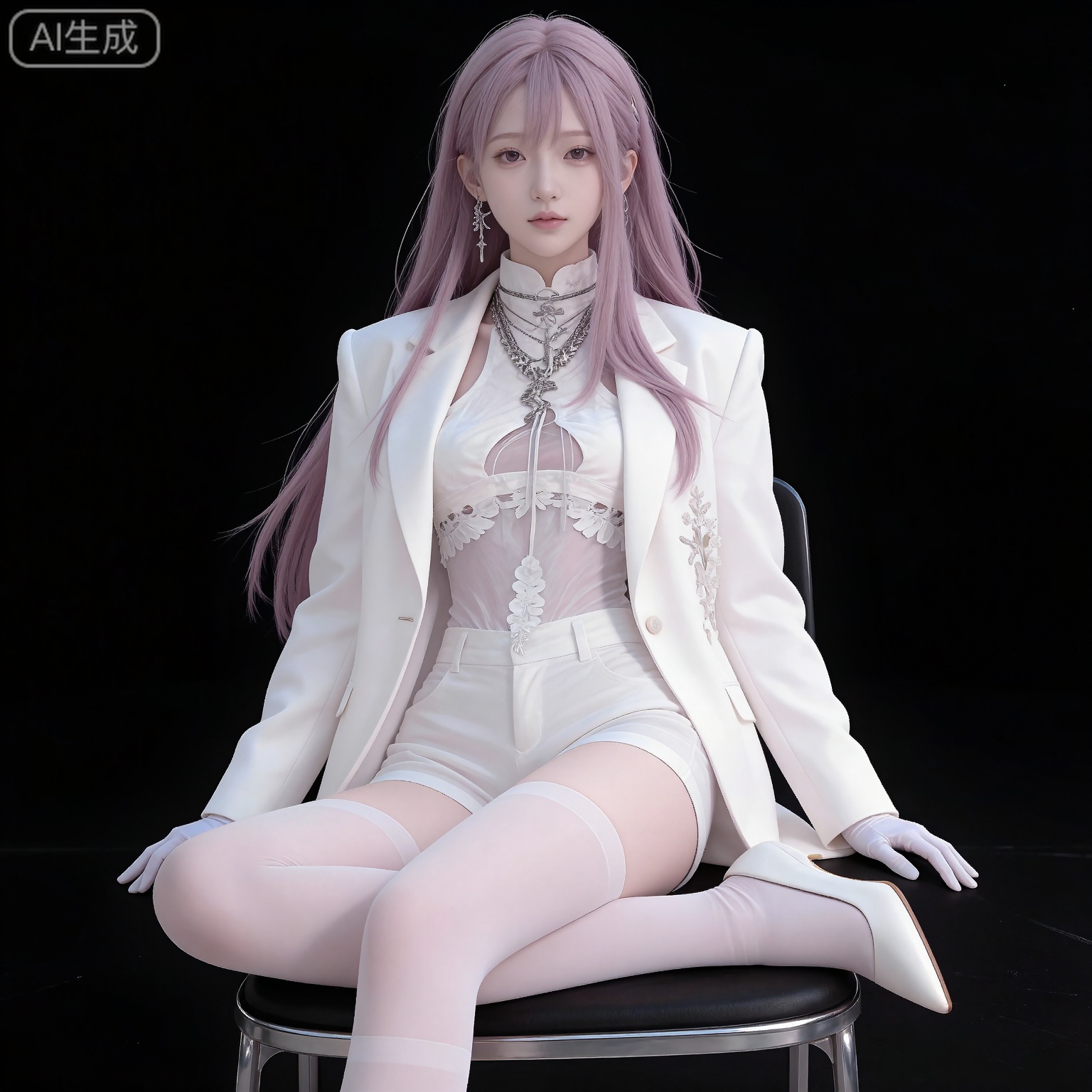 (black hair:1.2),long hair,brown eyes,fair_skin,
mumu center frills,mumu high-waist shorts,mumu white jacket,mumu white shirt,mumu white thighhighs,mumu white gloves,mumu white shorts,solo,1girl,high heels,full body,white footwear,simple background,pink hair,jewelry,open jacket,open clothes,arms at sides,long sleeves,looking at viewer,closed mouth,black_background,sitting,chair,