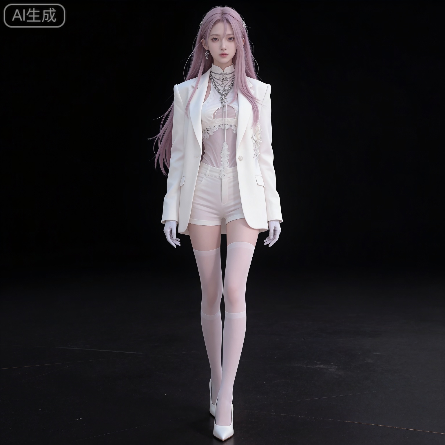 (black hair:1.2),long hair,brown eyes,fair_skin,
mumu center frills,mumu high-waist shorts,mumu white jacket,mumu white shirt,mumu white thighhighs,mumu white gloves,mumu white shorts,solo,1girl,high heels,full body,white footwear,simple background,pink hair,jewelry,open jacket,open clothes,arms at sides,long sleeves,looking at viewer,closed mouth,standing,black_background,walking,