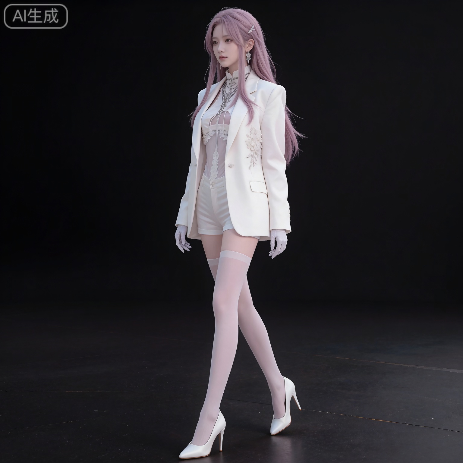 (black hair:1.2),long hair,brown eyes,fair_skin,
mumu center frills,mumu high-waist shorts,mumu white jacket,mumu white shirt,mumu white thighhighs,mumu white gloves,mumu white shorts,solo,1girl,high heels,full body,white footwear,simple background,pink hair,jewelry,open jacket,open clothes,arms at sides,long sleeves,looking at viewer,closed mouth,standing,black_background,walking,