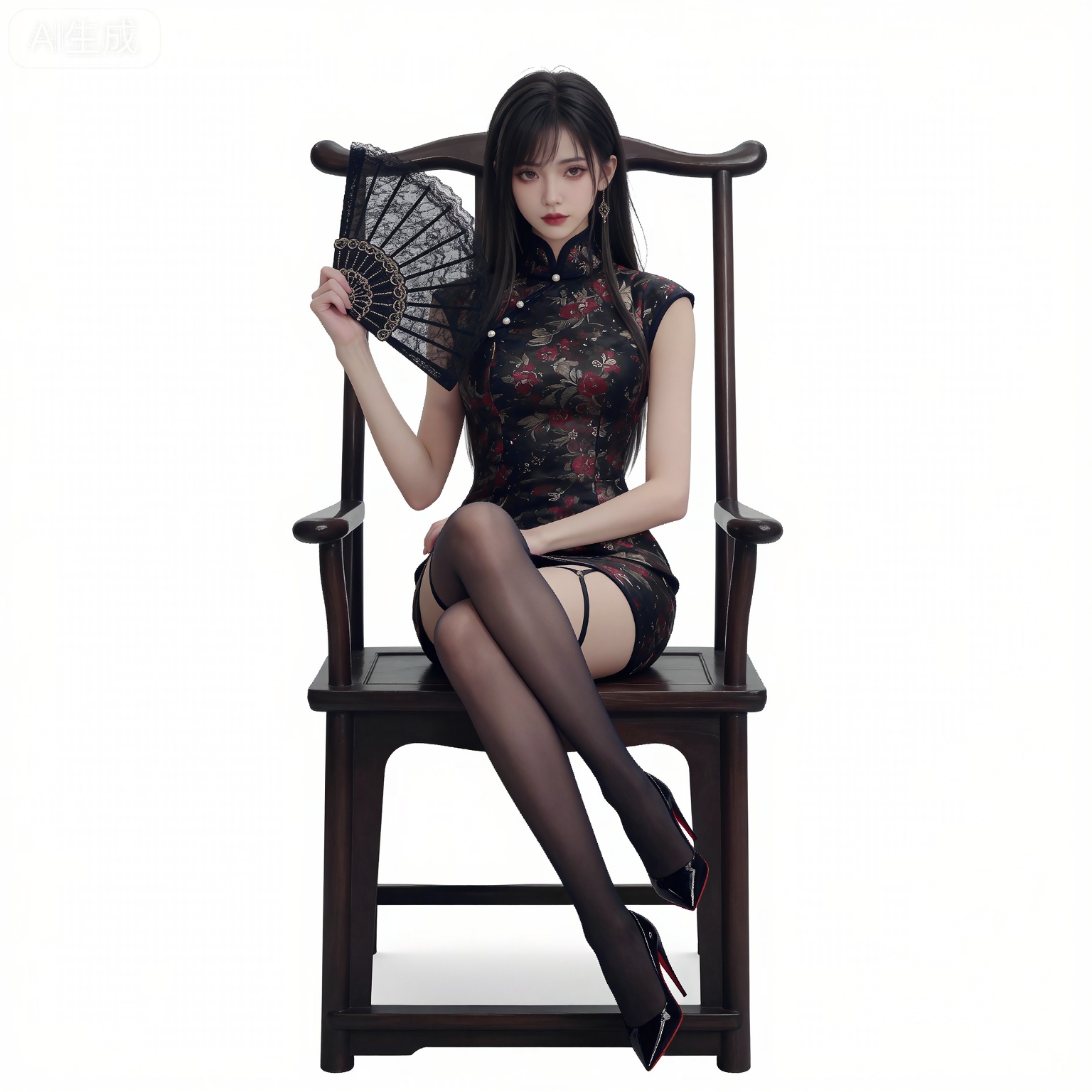 (black hair:1.2),long hair,brown eyes,fair_skin,
1girl,solo,long hair,hand fan,high heels,holding,full body,white background,folding fan,holding fan,black footwear,floral print,simple background,nail polish,sleeveless,sleeveless dress,lips,breasts,red lips,mumu black short dress,mumu china dress,mumu print dress,mumu black thighhighs,mumu garter straps,sitting,crossed_legs,chair,