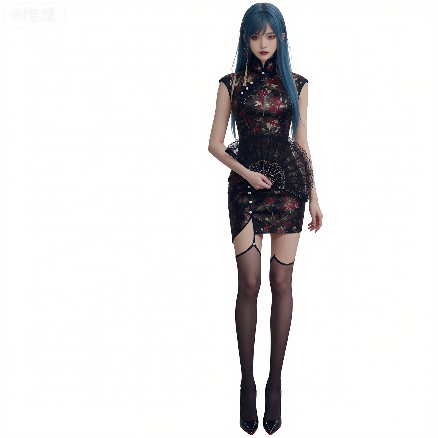 (black hair:1.2),long hair,brown eyes,fair_skin,
1girl,solo,long hair,hand fan,high heels,blue hair,holding,full body,white background,folding fan,holding fan,black footwear,standing,floral print,simple background,nail polish,sleeveless,sleeveless dress,lips,breasts,red lips,mumu black short dress,mumu china dress,mumu print dress,mumu black thighhighs,mumu garter straps,