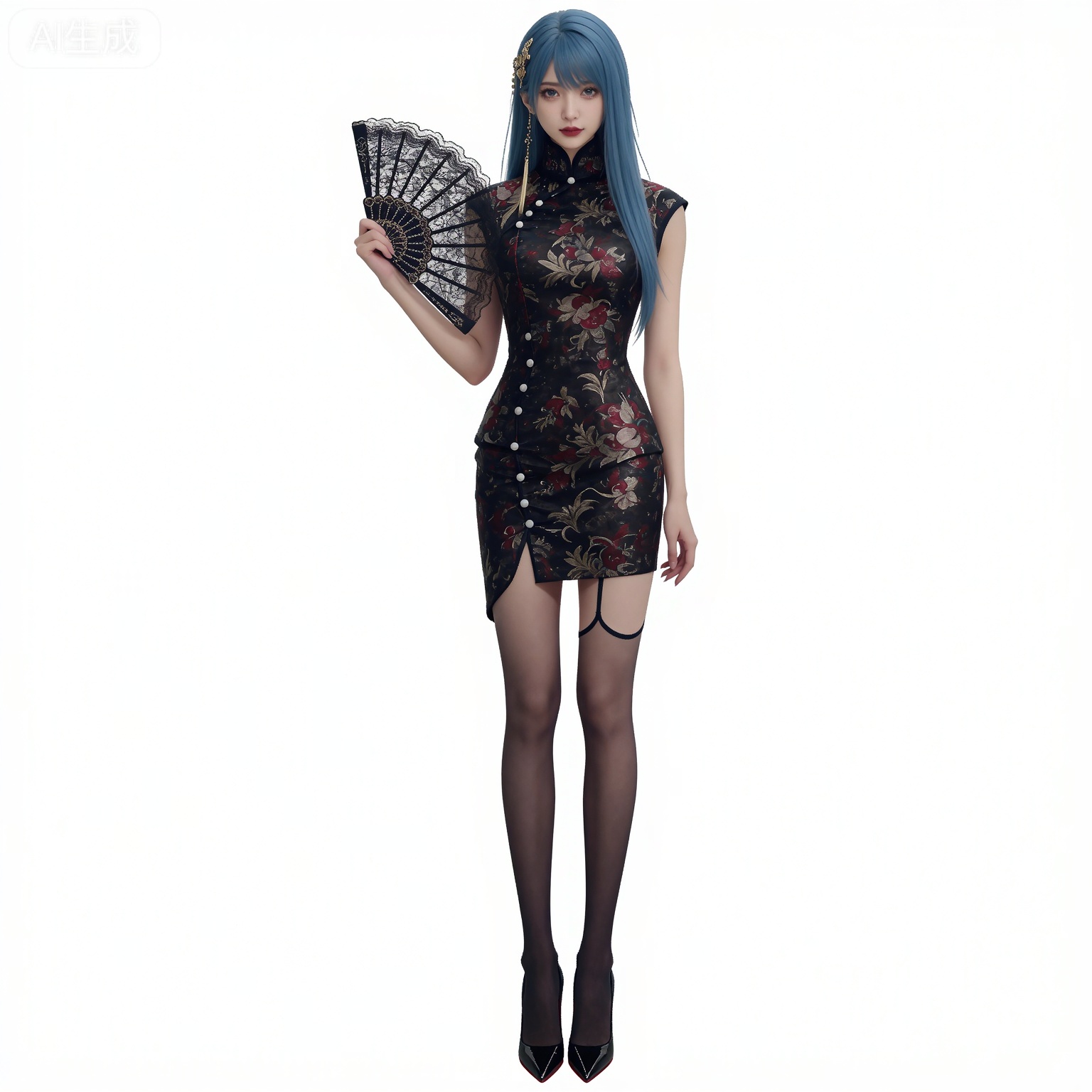 (black hair:1.2),long hair,brown eyes,fair_skin,
1girl,solo,long hair,hand fan,high heels,blue hair,holding,full body,white background,folding fan,holding fan,black footwear,standing,floral print,simple background,nail polish,sleeveless,sleeveless dress,lips,breasts,red lips,mumu black short dress,mumu china dress,mumu print dress,mumu black thighhighs,mumu garter straps,
