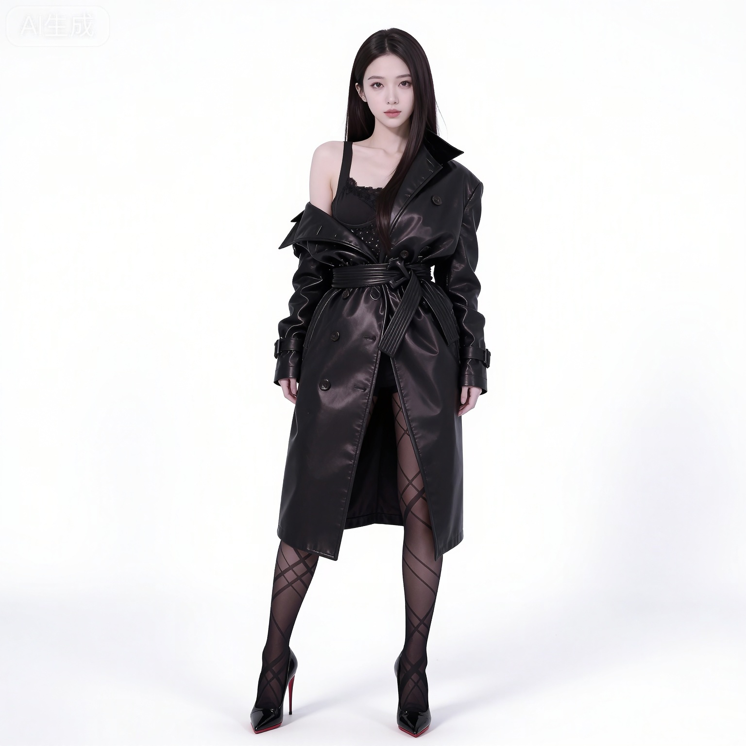 (black hair:1.2),long hair,brown eyes,fair_skin,
mumu black leather jacket,mumu fishnet pantyhose,mumu vest,mumu striped pantyhose,1girl,solo,high heels,full body,white background,standing,black footwear,breasts,simple background,off shoulder,collarbone,long sleeves,belt,